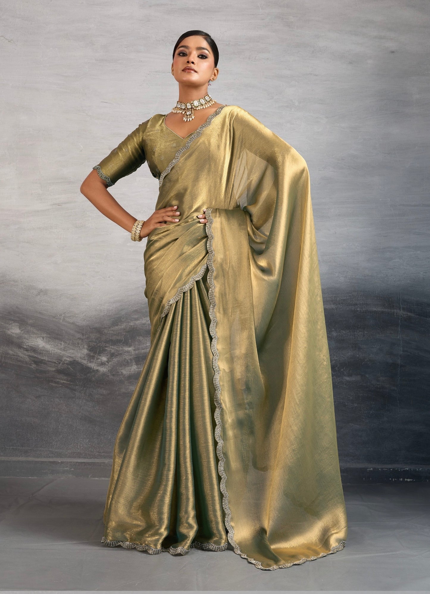 Burberry Chiffon Saree with Zarkan and Cutdana Appliqué Lace Work – Designer Party Wear Saree for Women