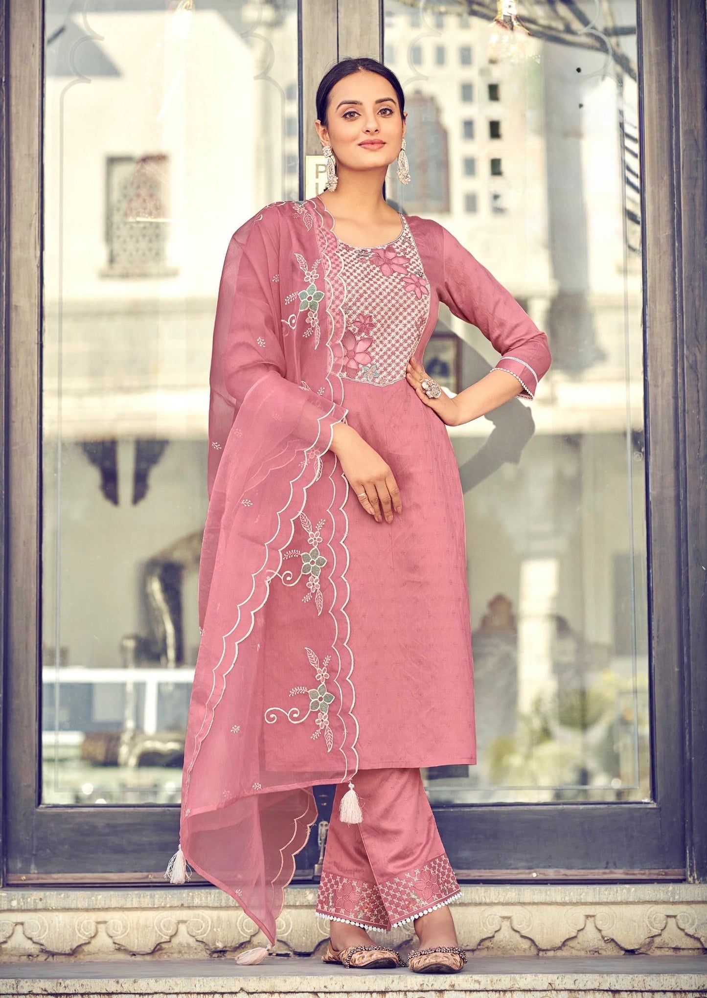 Viscose Embroidered Kurta Pant Set with Organza Dupatta for Women – Plus Sizes Available