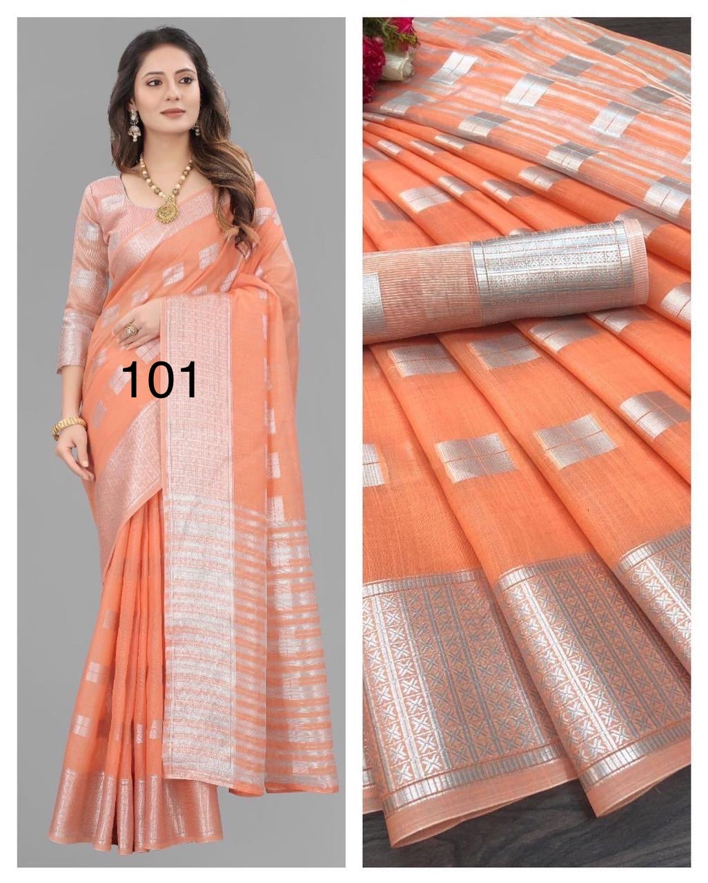 Linen Silk Saree with Silver Zari Weaving and Contrast Blouse – Festive and Wedding Wear