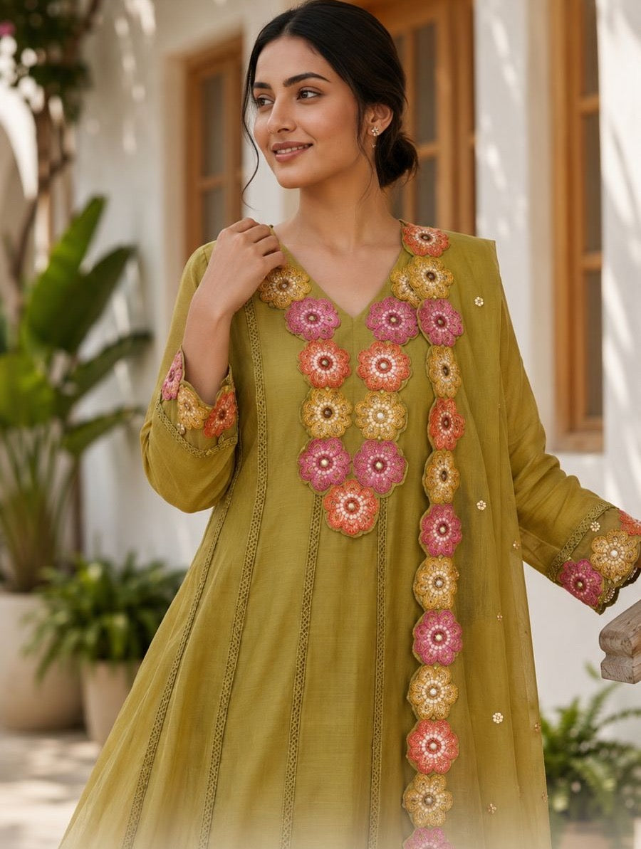 Mul Chanderi Lace Patch Tassel Work Kurta Pant Dupatta Set for Women, Green