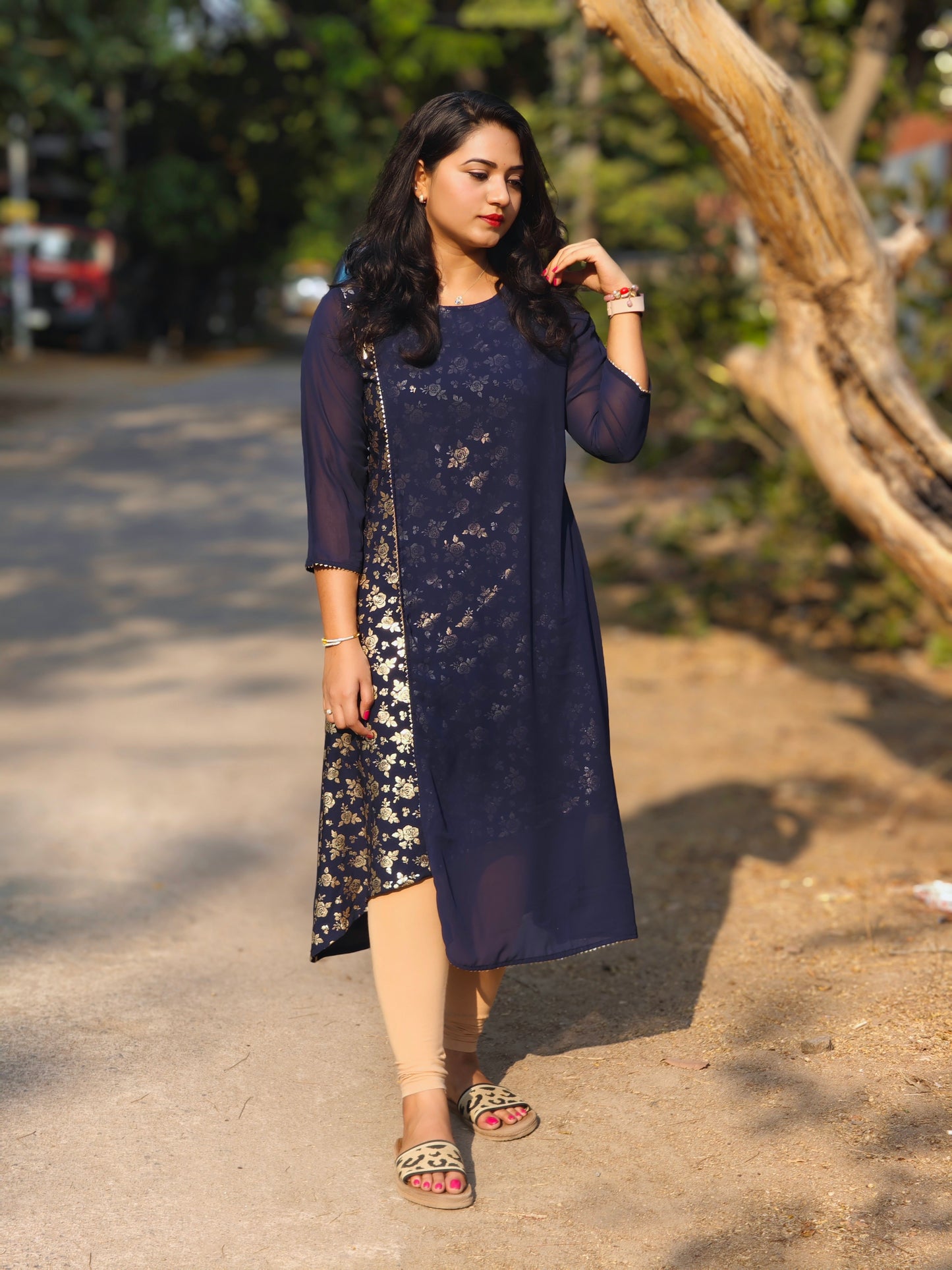 Navy Blue American Crepe Foil Printed A-Line Kurta for Women – M to 2XL
