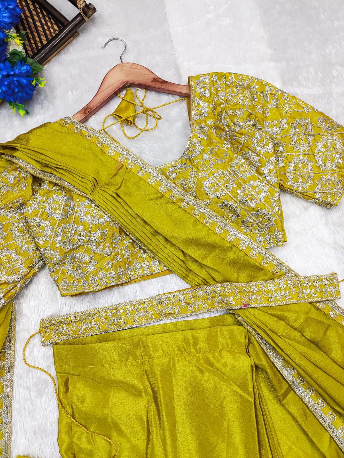 Pre-Draped Indo Western Saree in Chinnon Silk with Stitched Blouse and Waist Belt – Sizes M to XXL