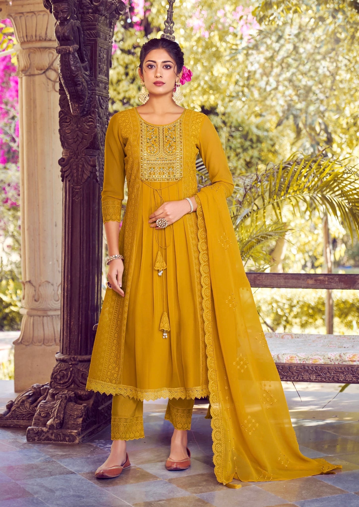 Women’s Georgette Embroidered Suit Set with Mirror Work Neck and Lace Border Pant – L to 3XL