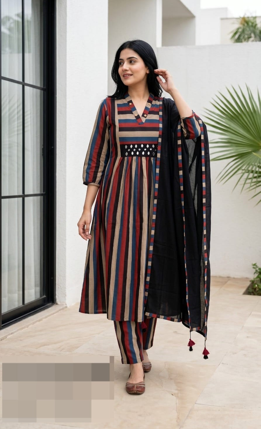 Printed Cotton Mirror Work Kurta Pant Dupatta Set Black Maroon Stripes
