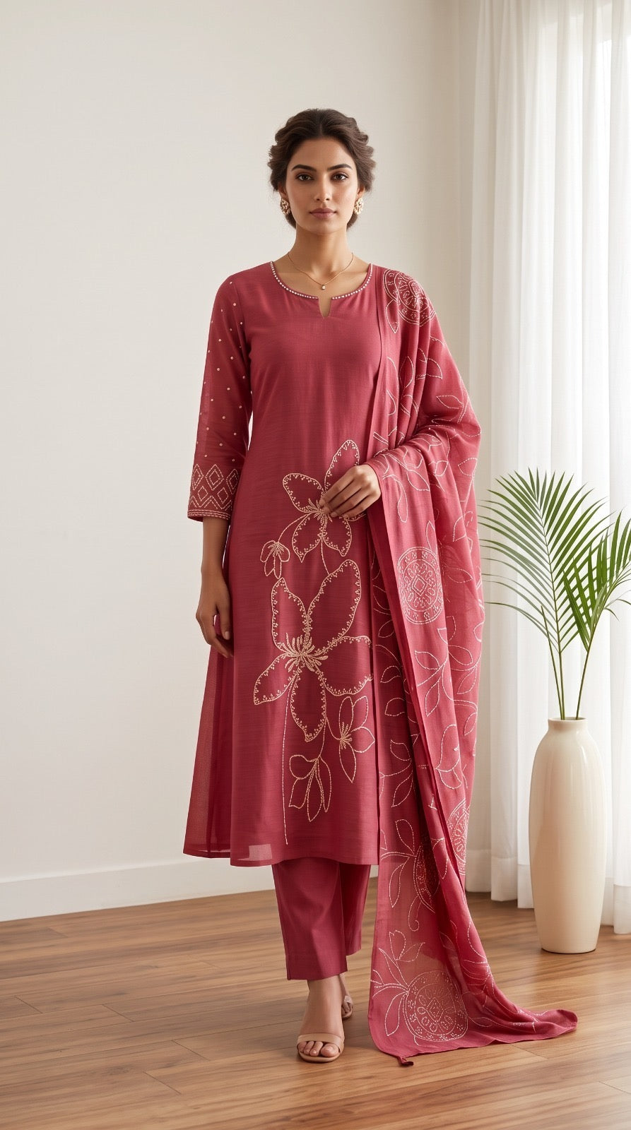 Embroidered Linen Blend Kurta Pant Dupatta Set for Women with Lining, Pink