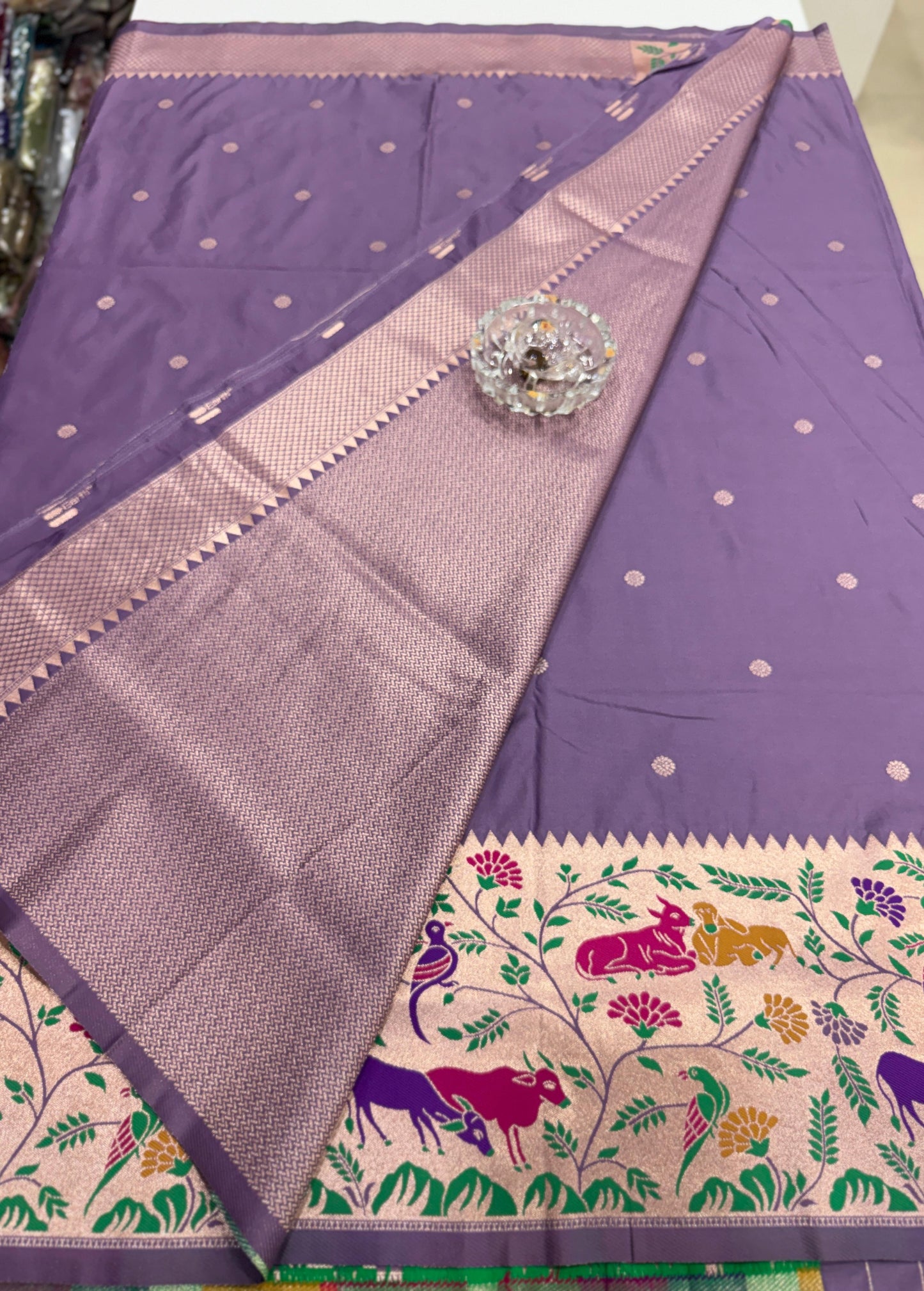 Paithani printed soft silk saree with zari-style border and contrast blouse for women