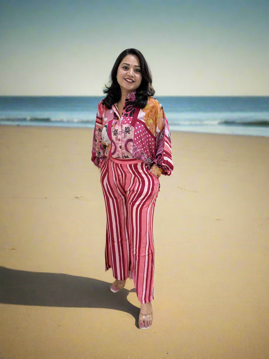 Viscose Crepe Digitally Printed Top with Matte Satin Digitally Printed Bottom – Women’s Fusion Wear Set (L to 2XL)