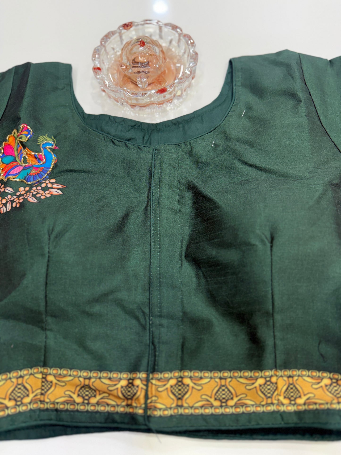 Silk printed readymade blouse for women with antique handcrafted work, size 38–42, short sleeve, saree blouse