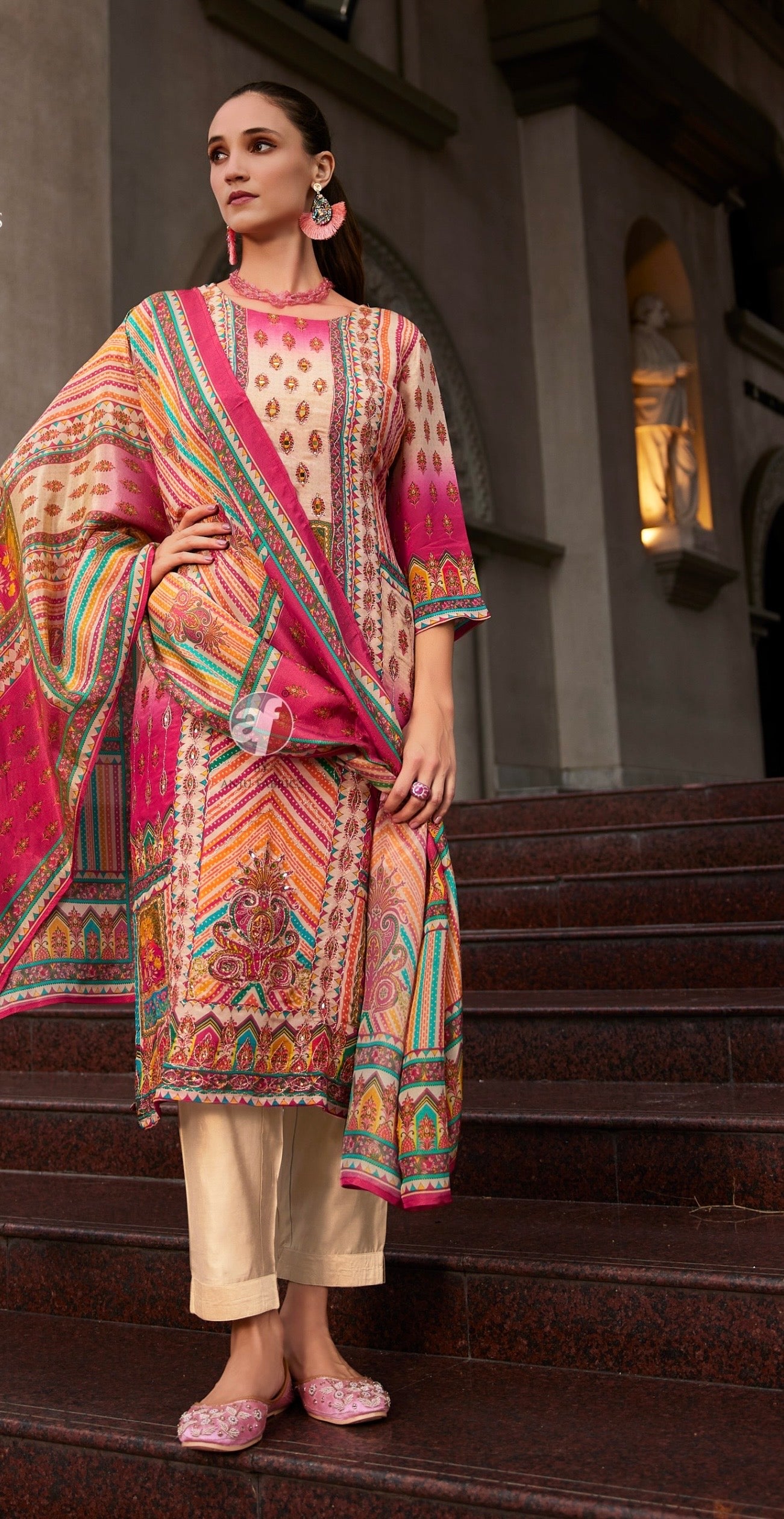 Tissue Shimmer Printed Kurti Pant Set with Handwork Dupatta for Women – Festive Wear