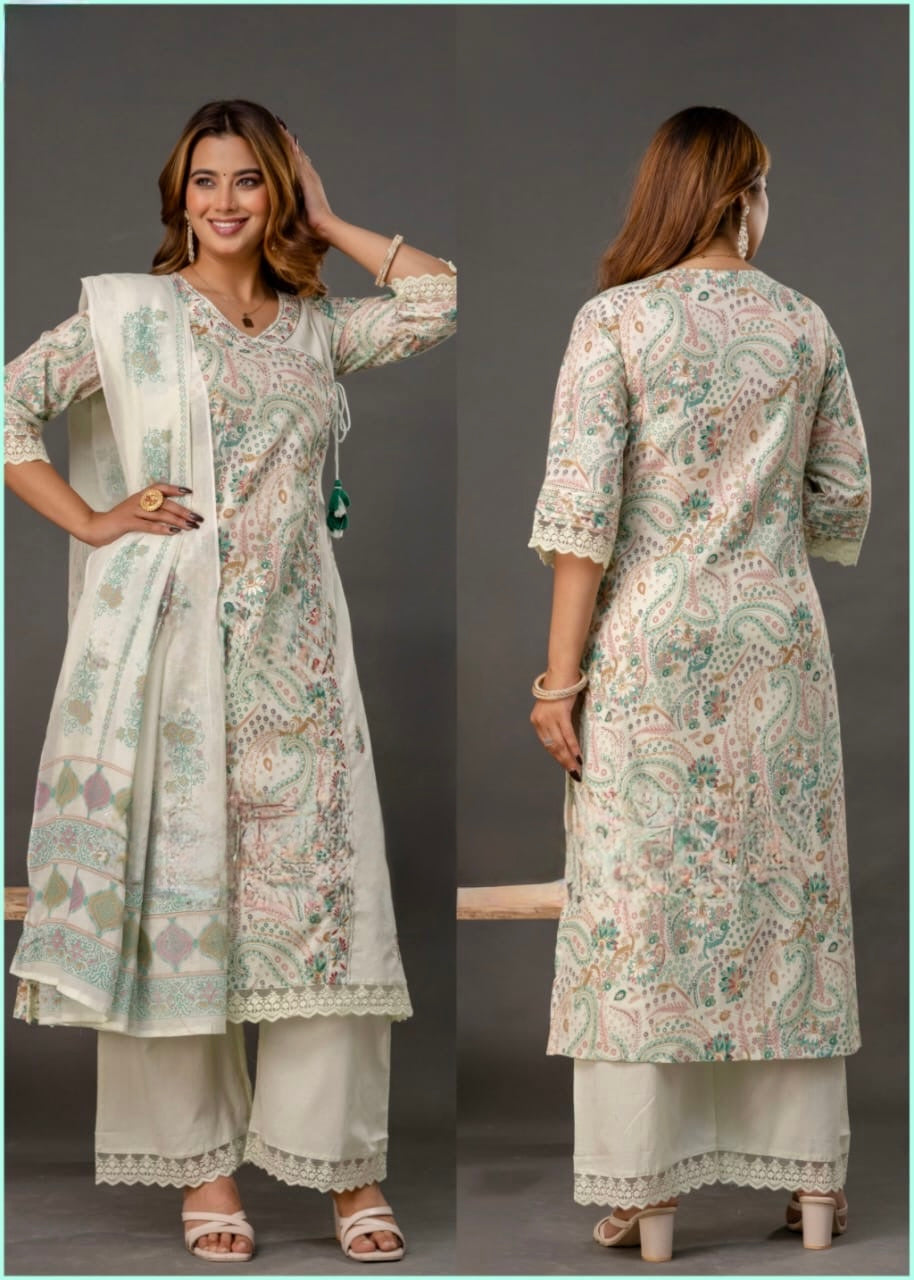 Cotton Angrakha Suit Set with Digital Print Thread Embroidery Palazzo and Printed Dupatta for Women