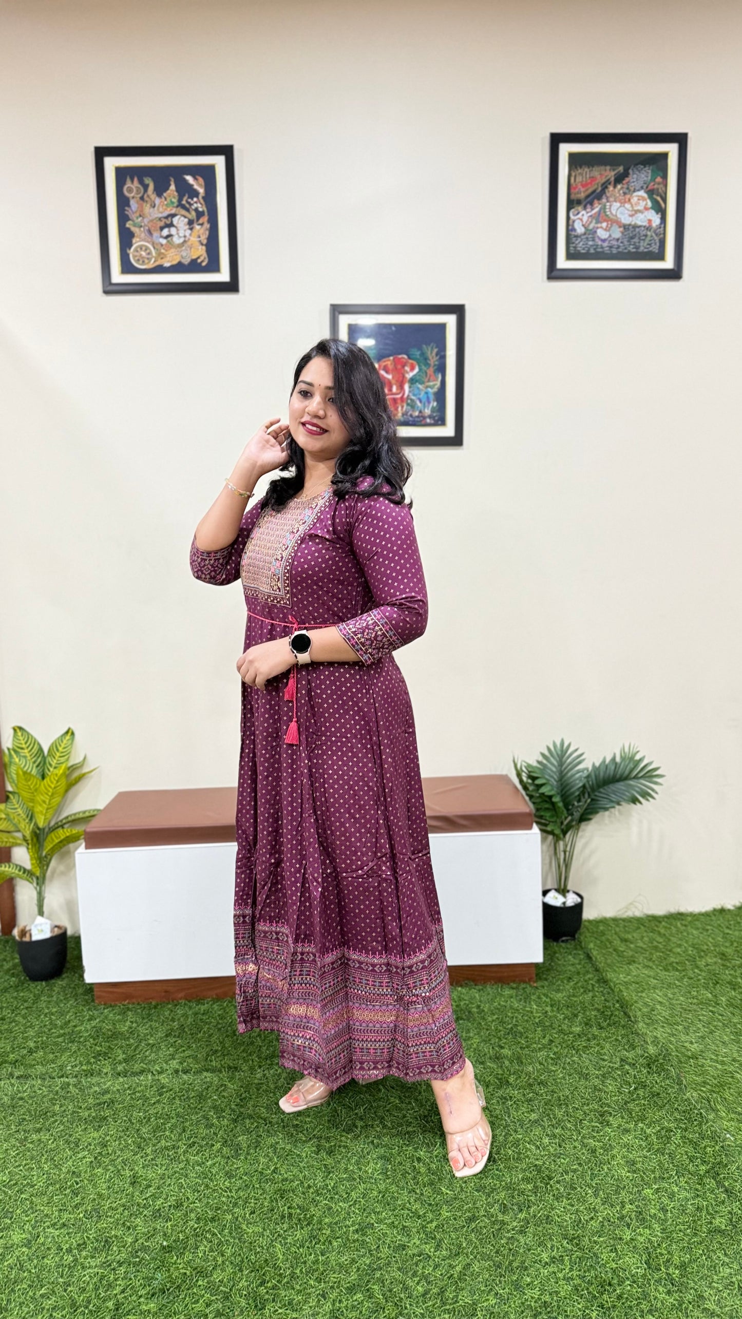 Rayon Foil Print Anarkali Gown with Embroidered Neck and Belt – Liva Tag – Sizes M to 3XL