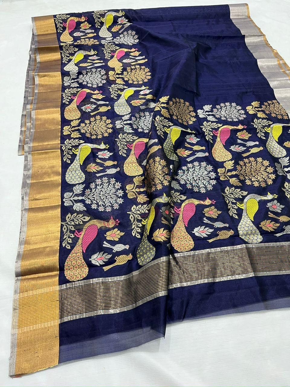 Pattu Pure Chanderi Silk Saree with All-Over Minakari Jaal Work
