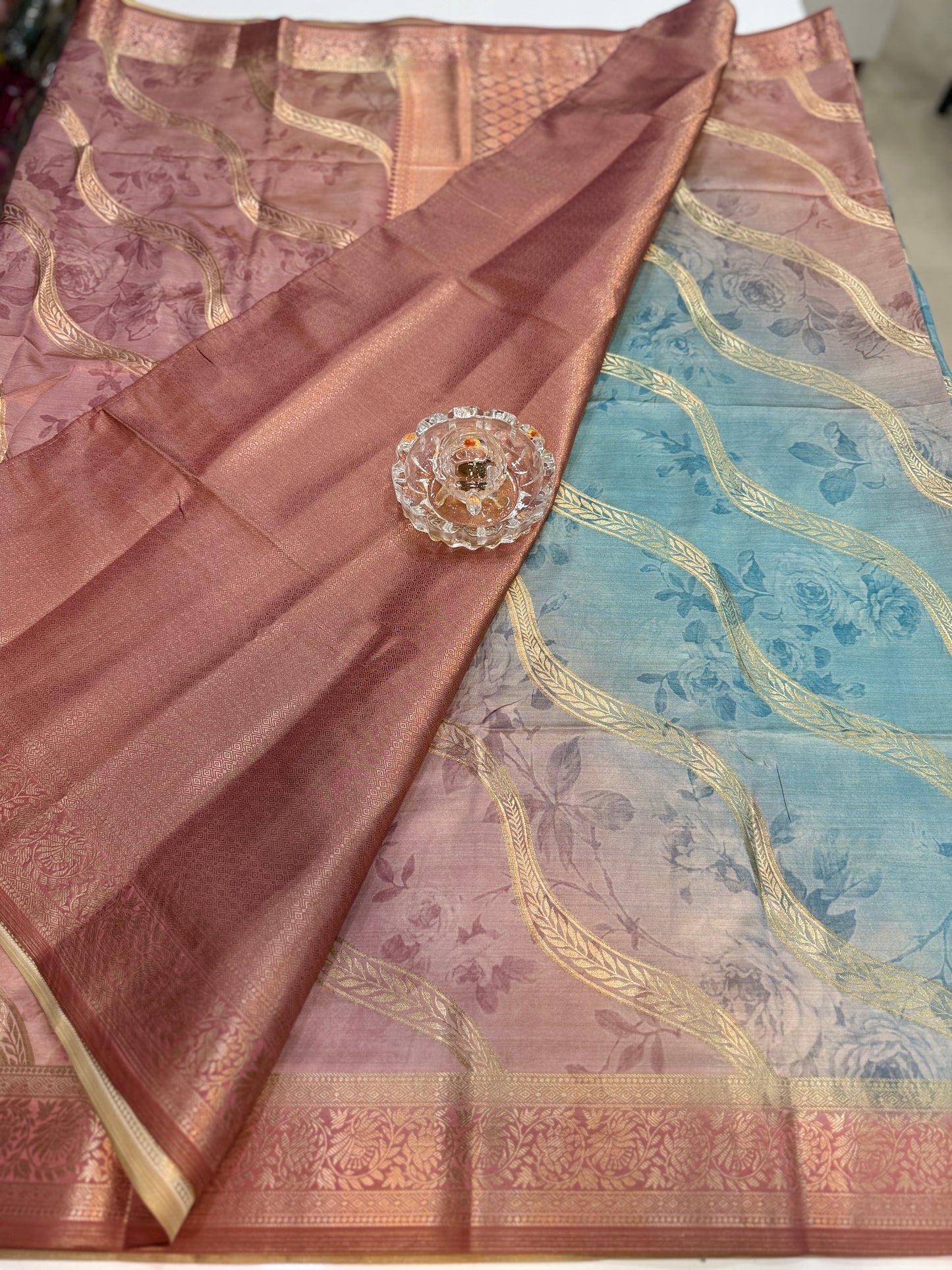 Bamboo Silk Floral Printed Saree with Rich Decorative Pallu, All Over Rich Leheriya Pattern