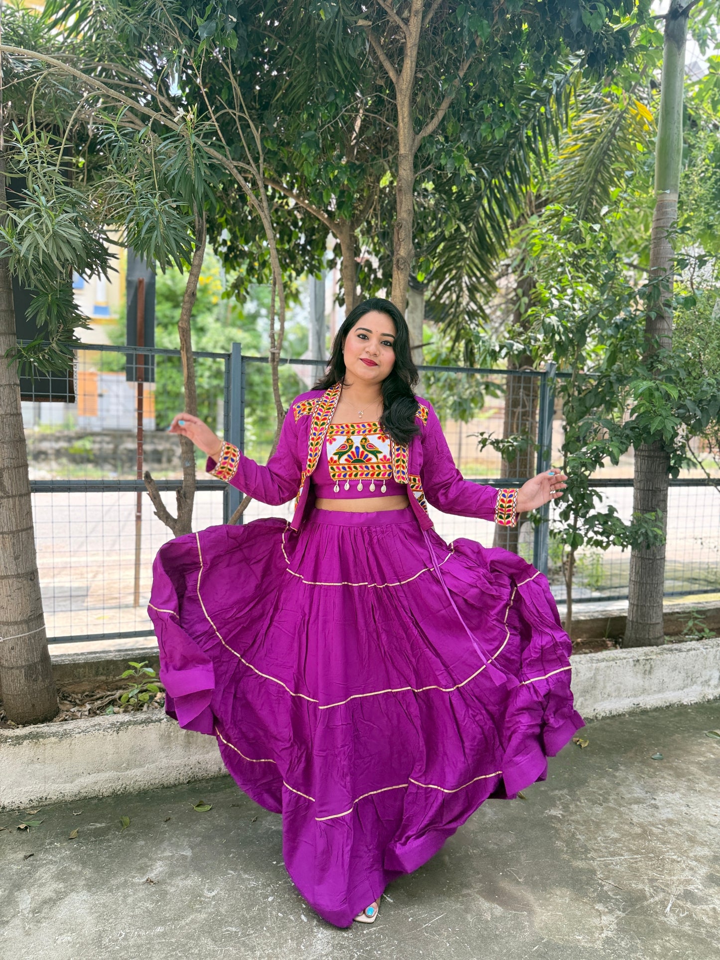 Rayon Lehenga Choli with Embroidered Gamthi Work Koti and Cowrie Lace – Navratri and Festive Wear