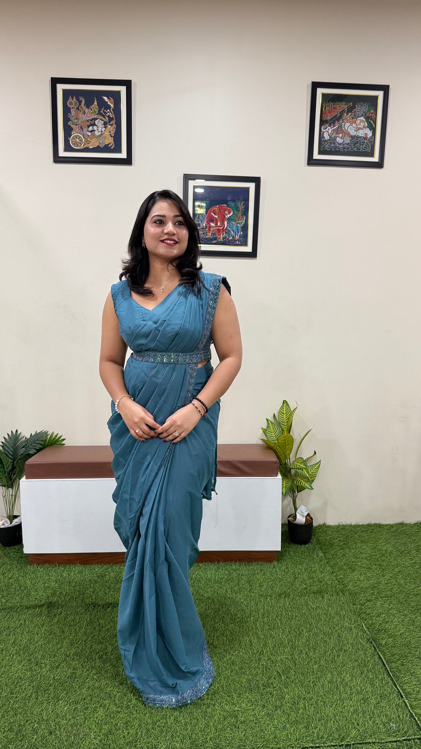 Georgette Ready-to-Wear Saree with Sequence Embroidery, Embroidered Koti & Work Belt – Free Size up to XXL