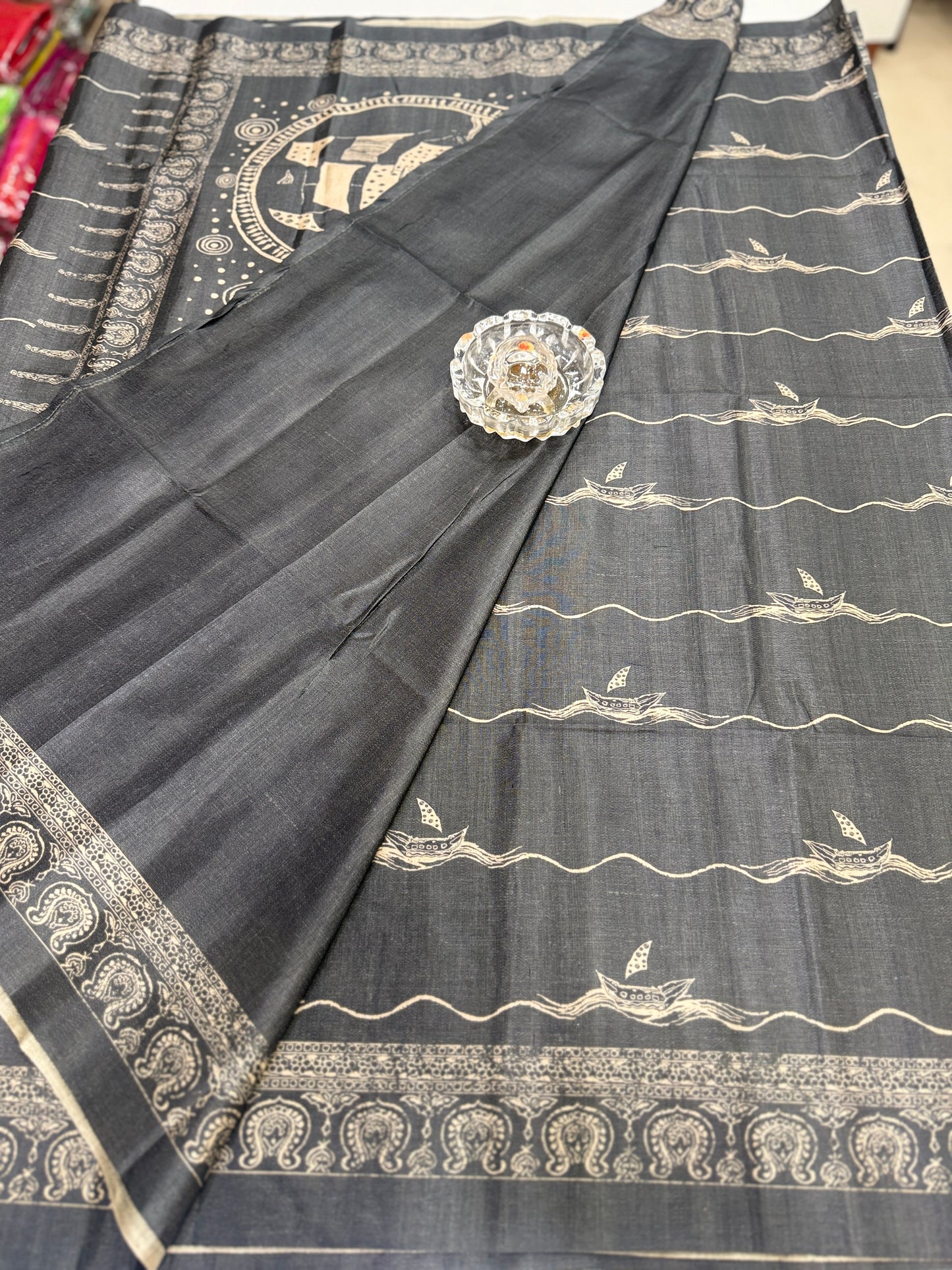 Semi Tussar Silk Saree with Ethnic Print Border and Tassel Pallu, Sea & Ships Print