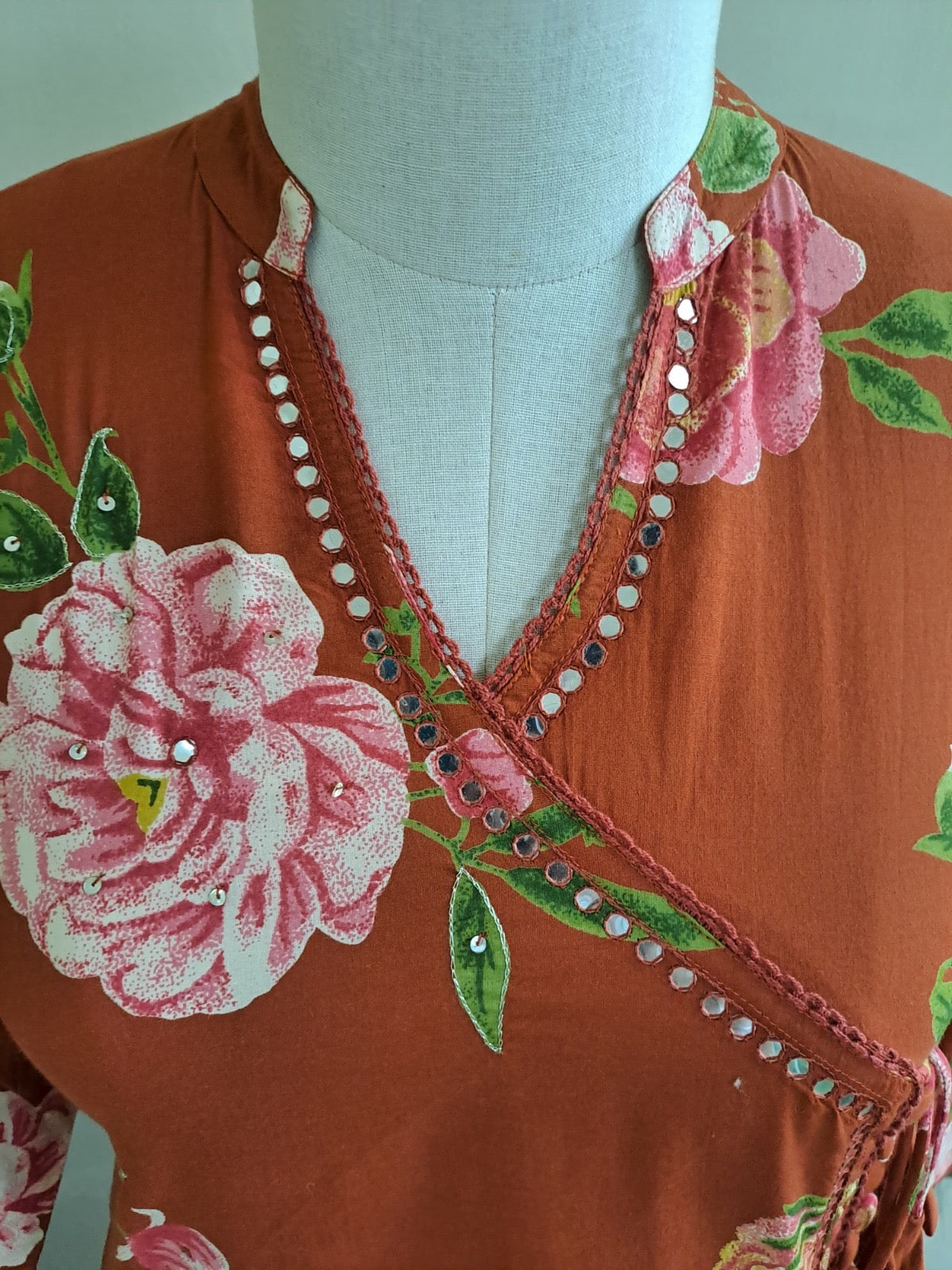 Rust Orange Cotton Kurta Pant Dupatta Set with Floral Print and Flex Mirror Embroidery – Women’s Ethnic Wear