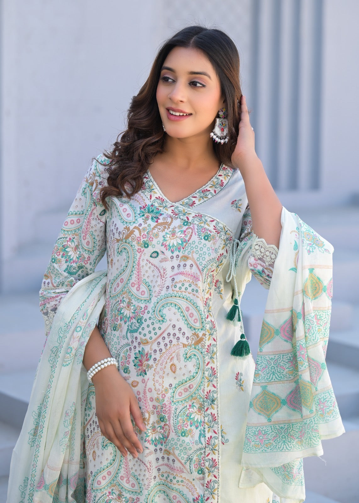 Women’s digital cotton kurta pant dupatta set with thread embroidery – summer ethnic wear