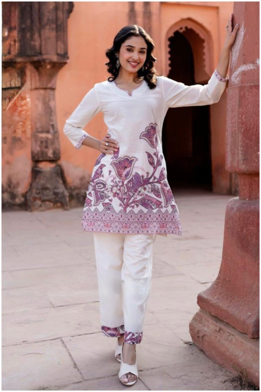 Women's Premium Cotton Co-ord Set with Digital Print, Kantha Stitch, and Straight Pants