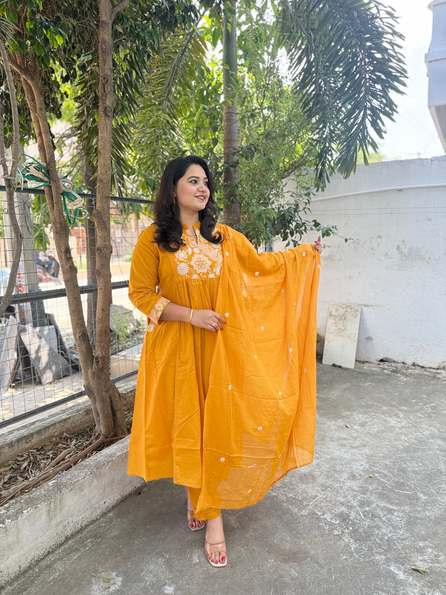 Cotton Mul Kurta Set with Hanging Embroidery Yoke, Cotton Pant and Motif Embroidered Dupatta