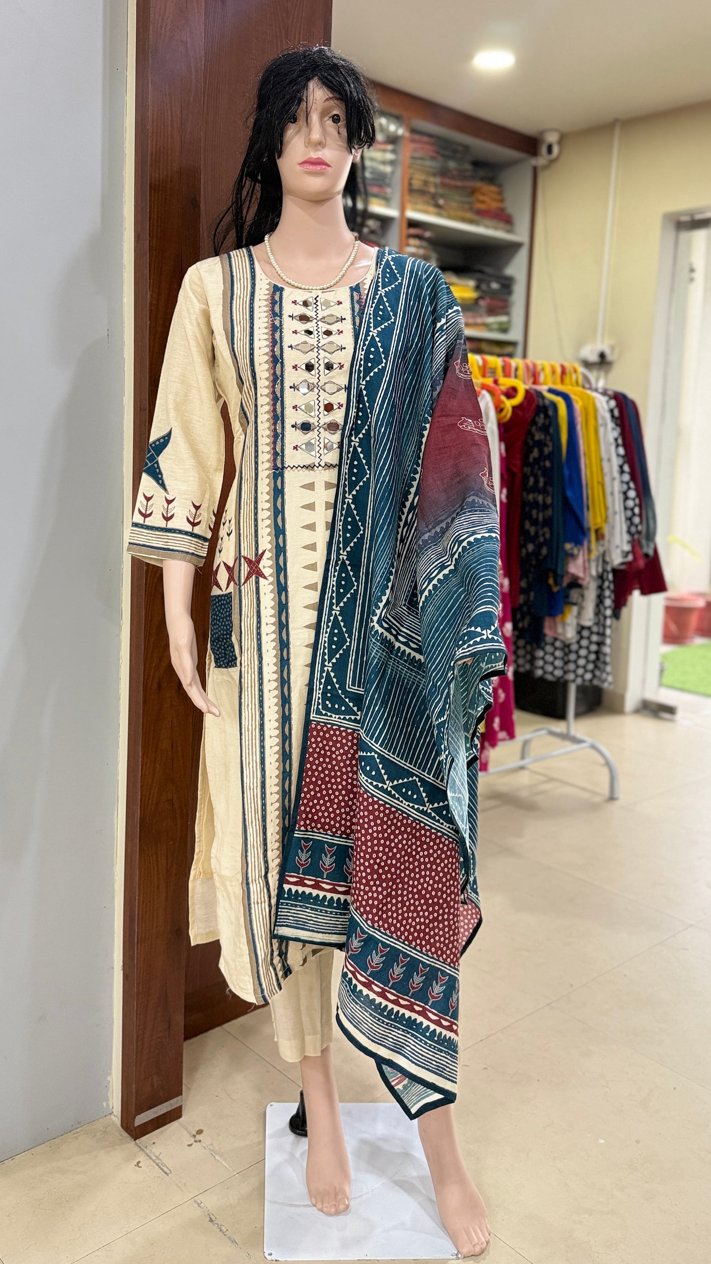 Linen silk kurta pant dupatta set for women with mirror and thread detailing, tribal print ethnic 3 piece set