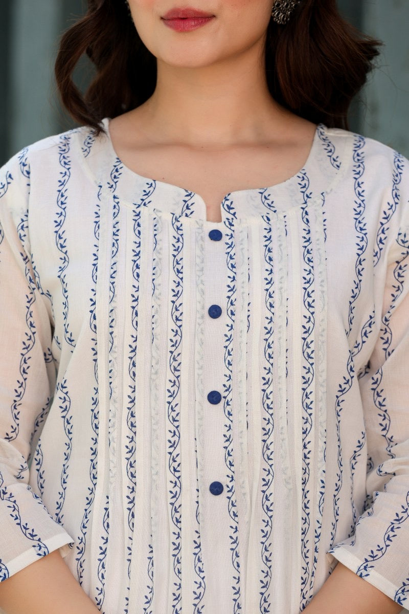 Striped Mul Cotton Kurta Pant Set for Women with Breathable Lining and Button Detailing