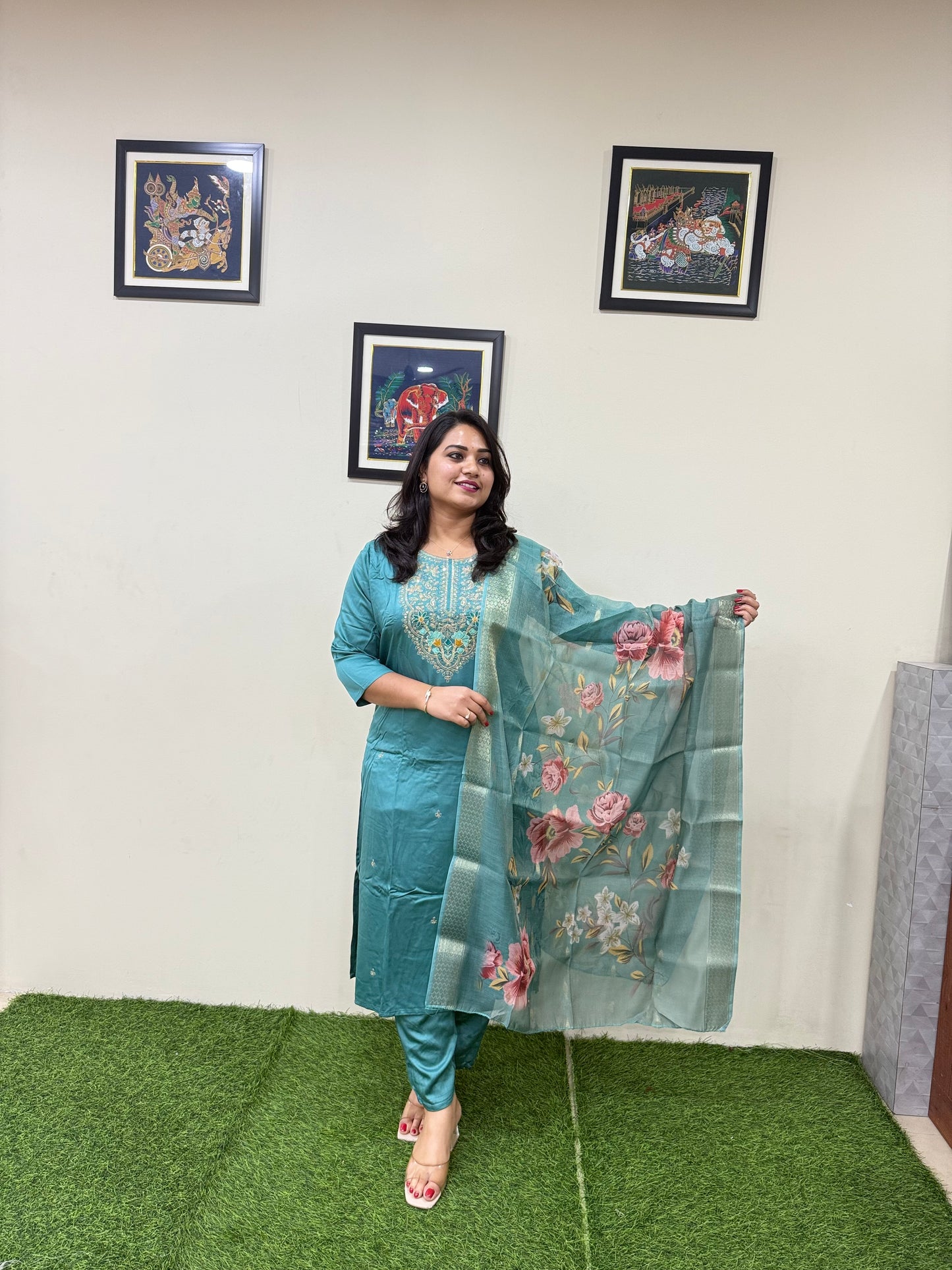 Gajji Silk Straight Suit Set with Embroidery and Organza Zari Dupatta for Women