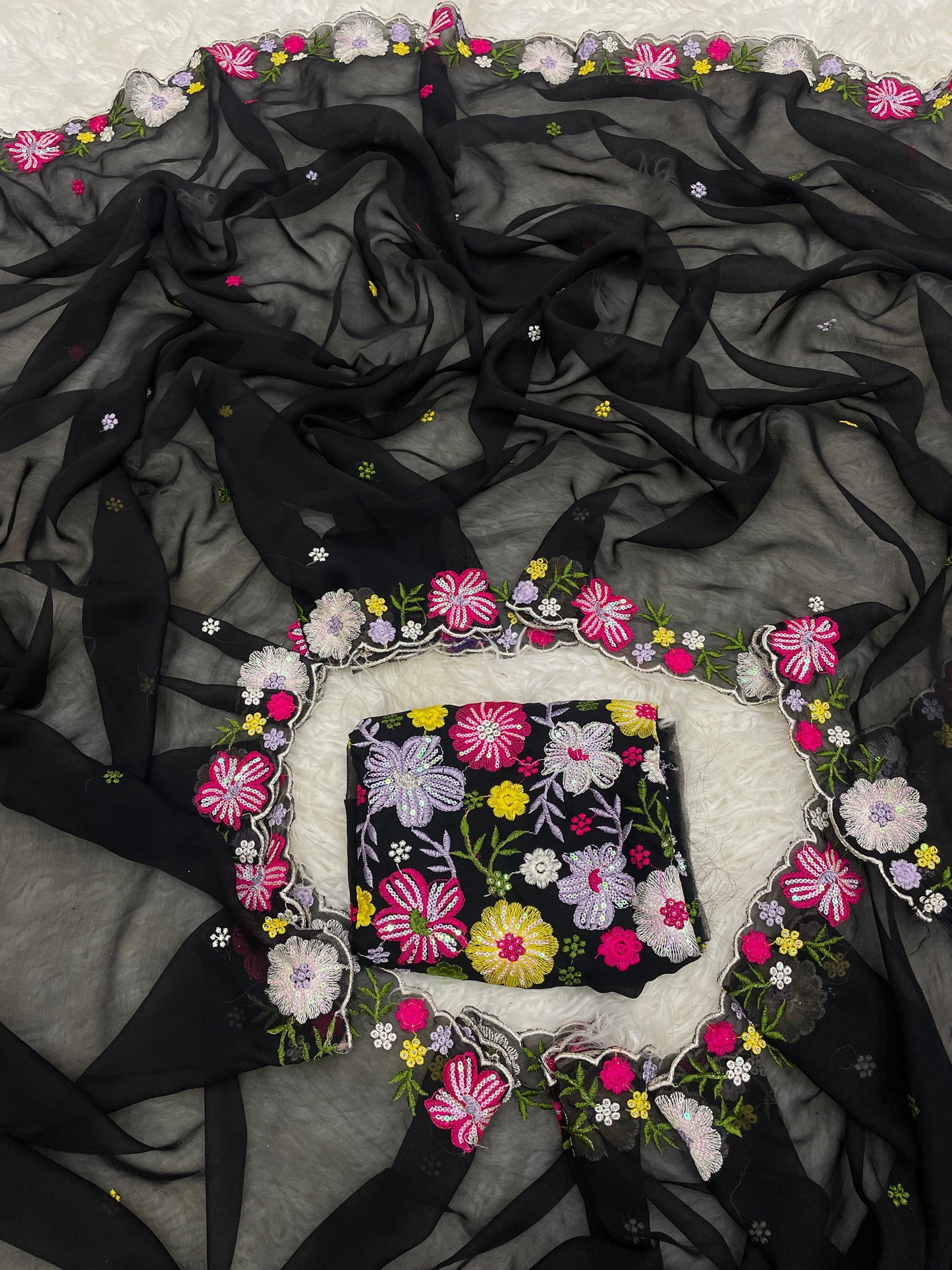 Women’s Pure Georgette Saree with Multi-Color Thread Work, Tassels and Heavy Embroidered Blouse