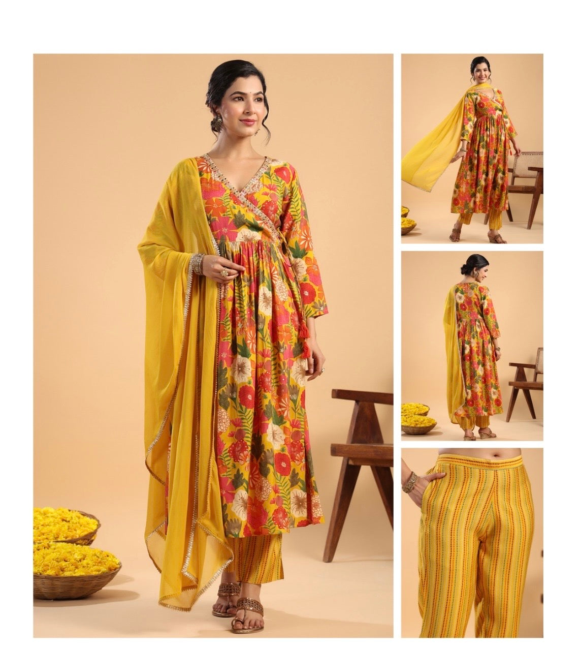 Multicolor Floral Chanderi Kurta with Pant and Dupatta – Festive Women’s Set (XL)