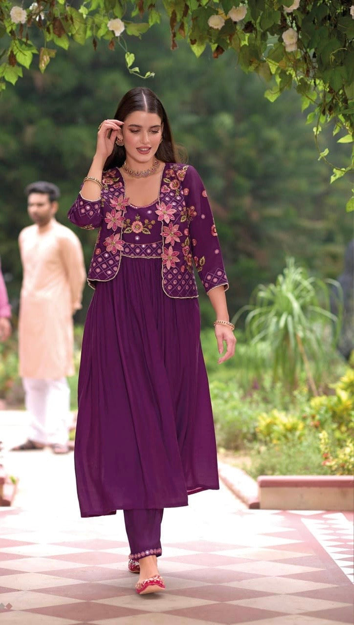 Pure Viscose Silk Gown Pant Set with Embroidered Organza Koti – Women’s Festive Ethnic Wear