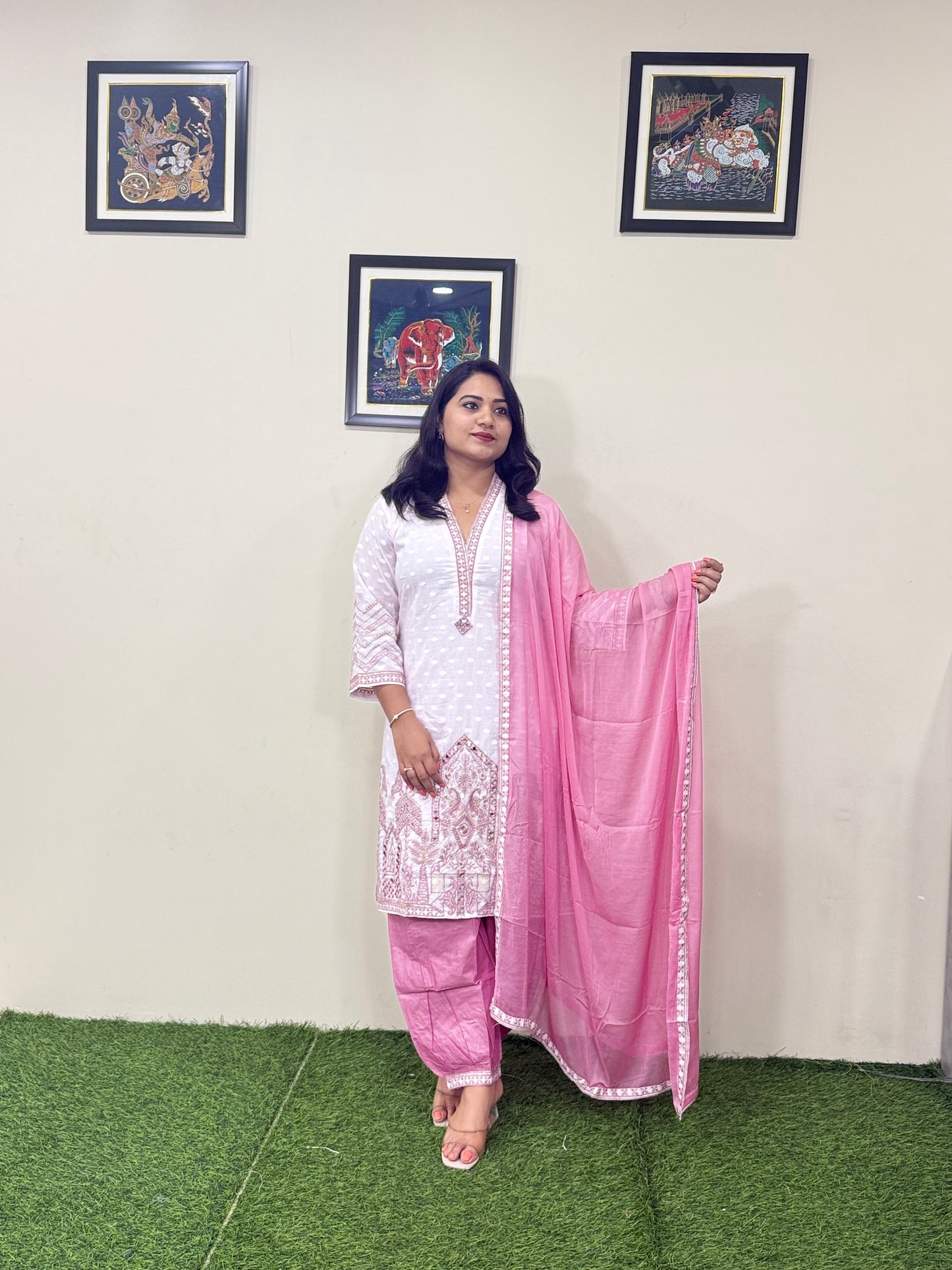 Cotton Dobby Kurti Afghani Pant Dupatta Set with Thread Mirror Work and Chiffon Dupatta for Women