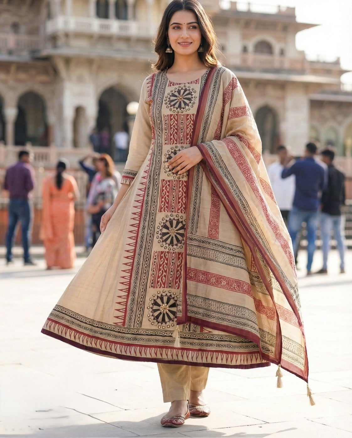Soft Tussar Printed Kurta Pant Dupatta Set for Women with Ethnic Border Design and Tassel Dupatta