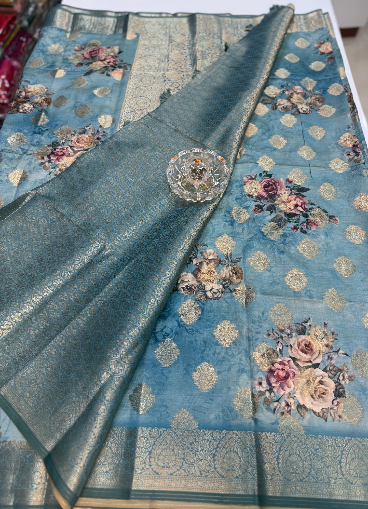Bamboo Silk Floral Printed Saree with Rich Decorative Pallu, All Over Rich Butti Weaving