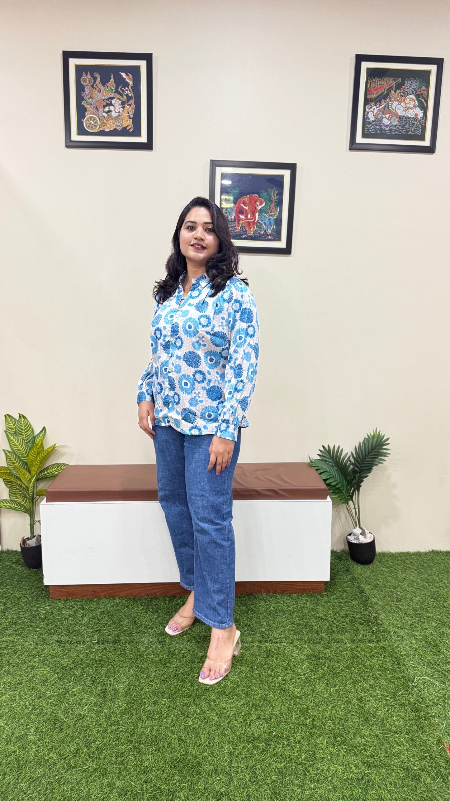 Satin Digital Floral Printed Shirt Style Top – Women’s Casual & Office Wear (L to 2XL)