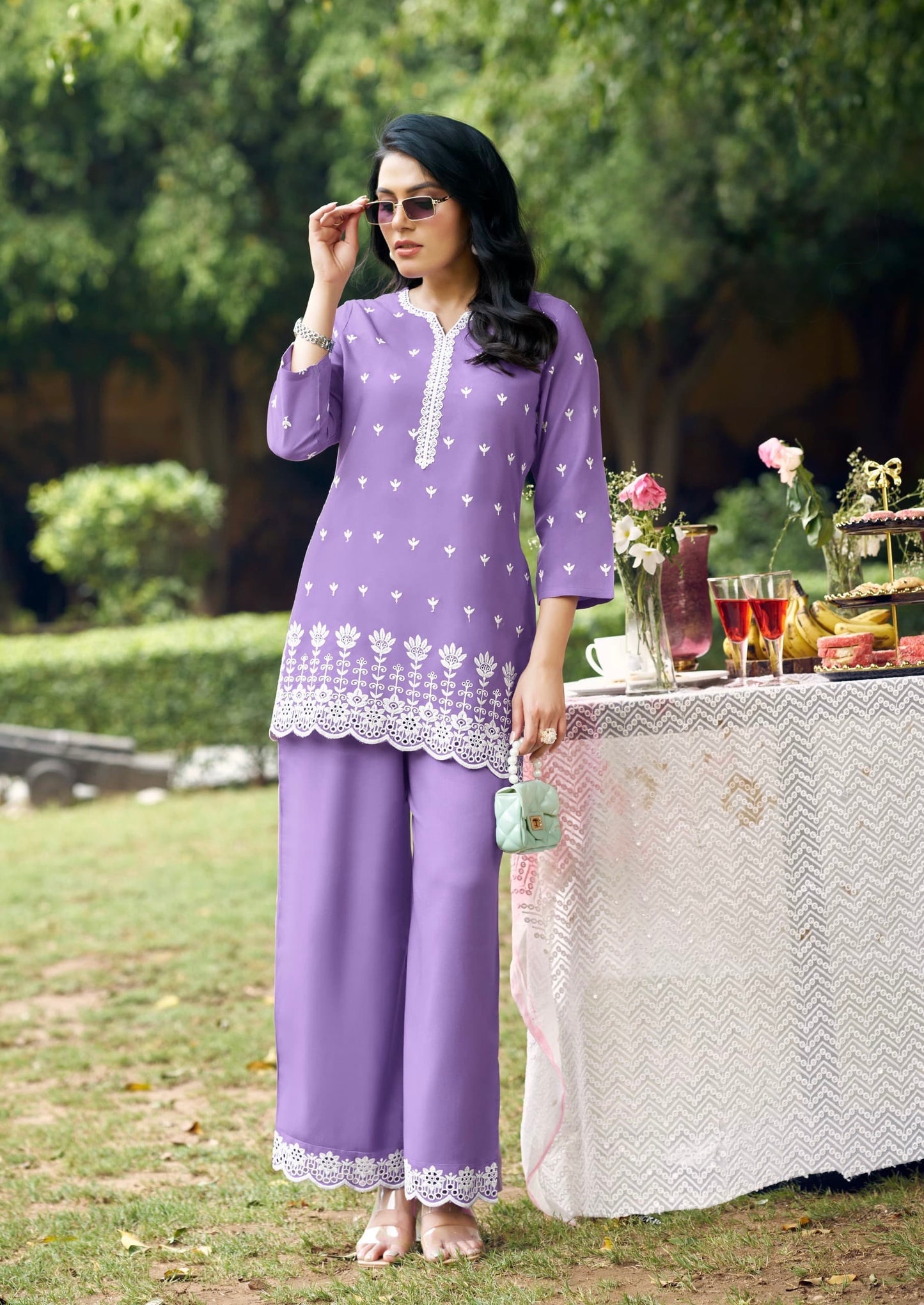 Viscose Rayon Coat Style Set with Schiffli Work and Lace Border – Ethnic Wear for Women (XL & XXL)