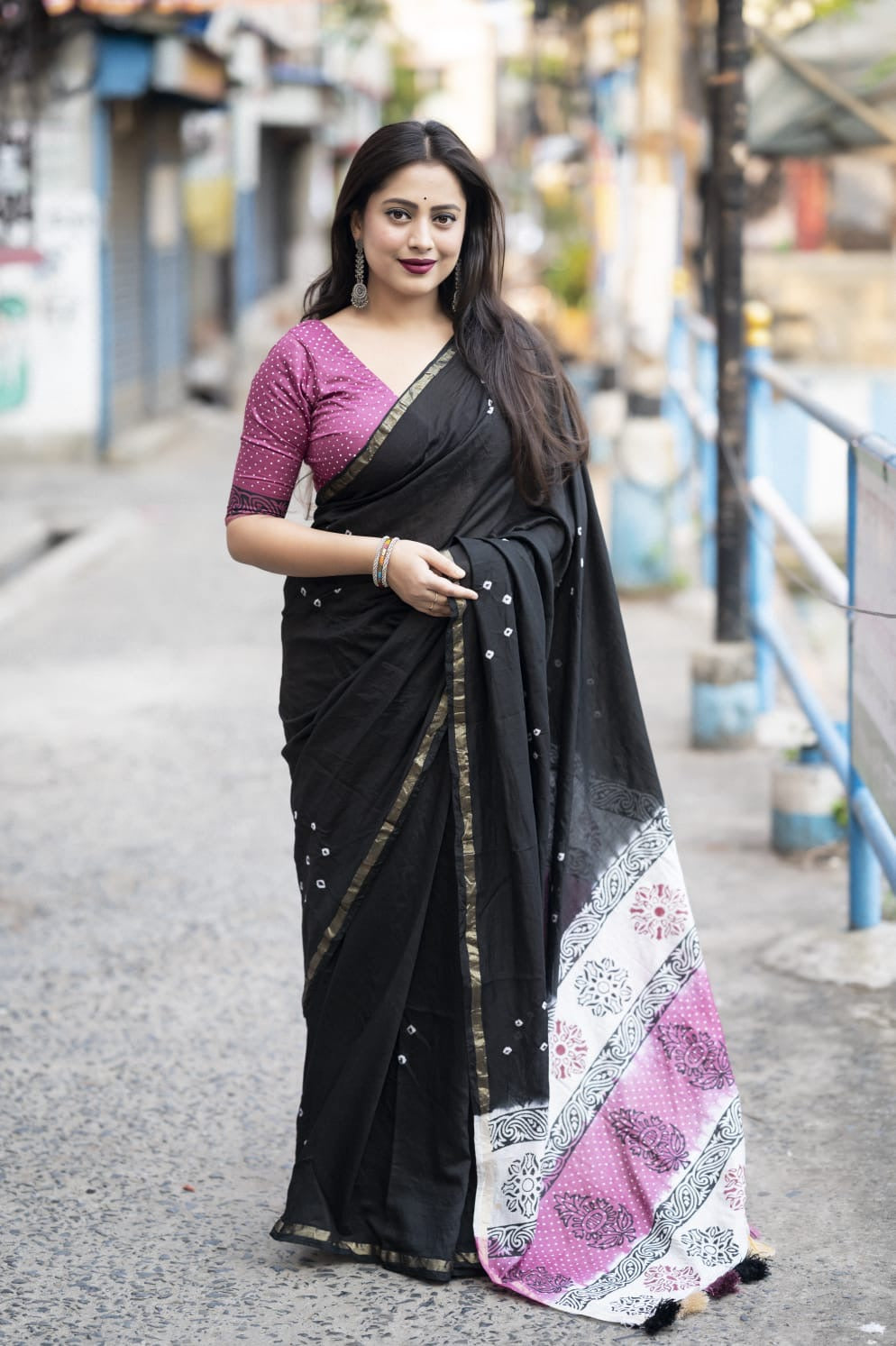 Chanderi Cotton Saree with Hand-Tied Bandhani and Block Printed Pallu – Festive Wear for Women