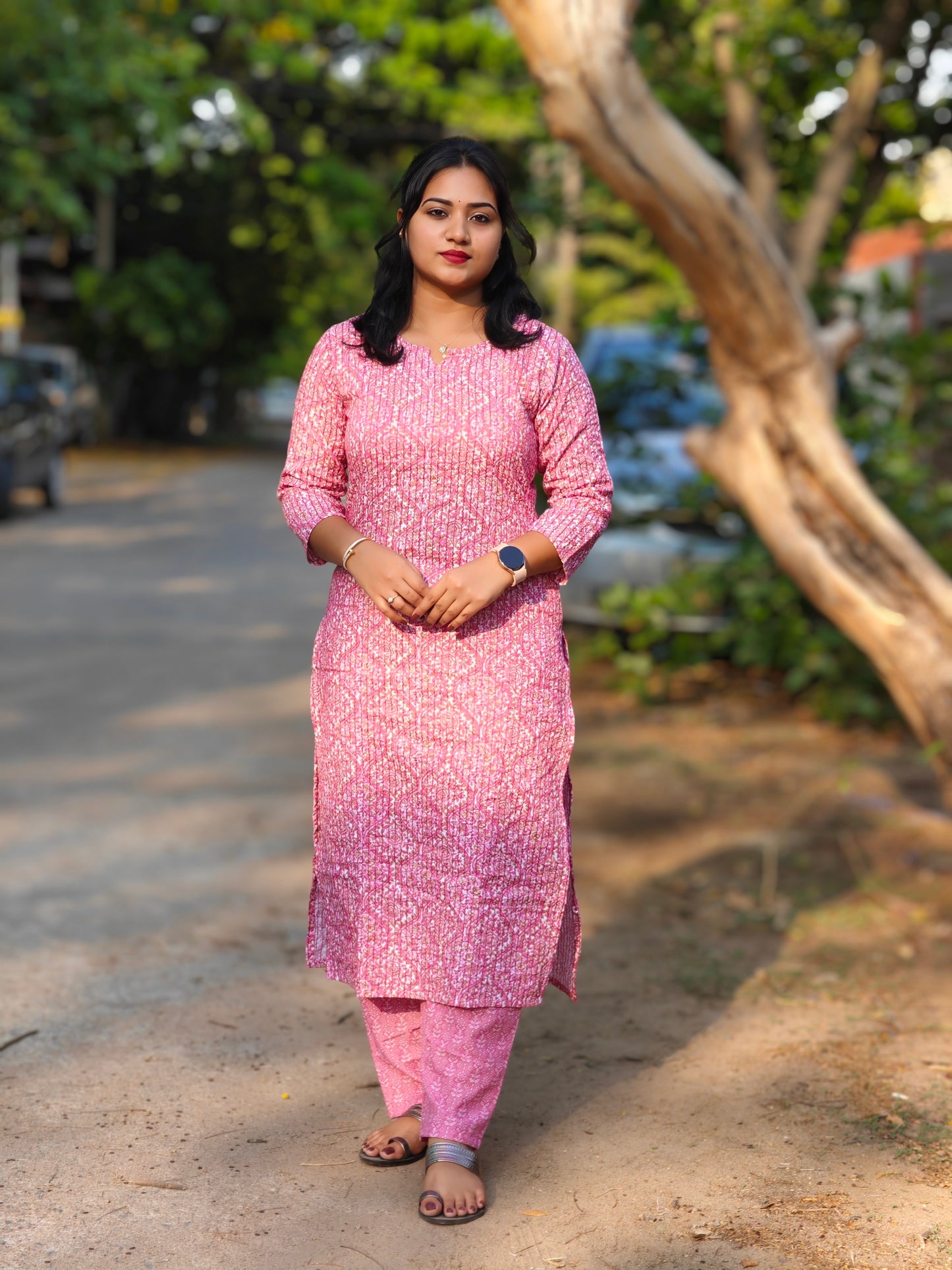 Pink Floral Printed Cotton Kurti with Pant Set for Women – Spring Wear, S to XXL, Daily and Casual
