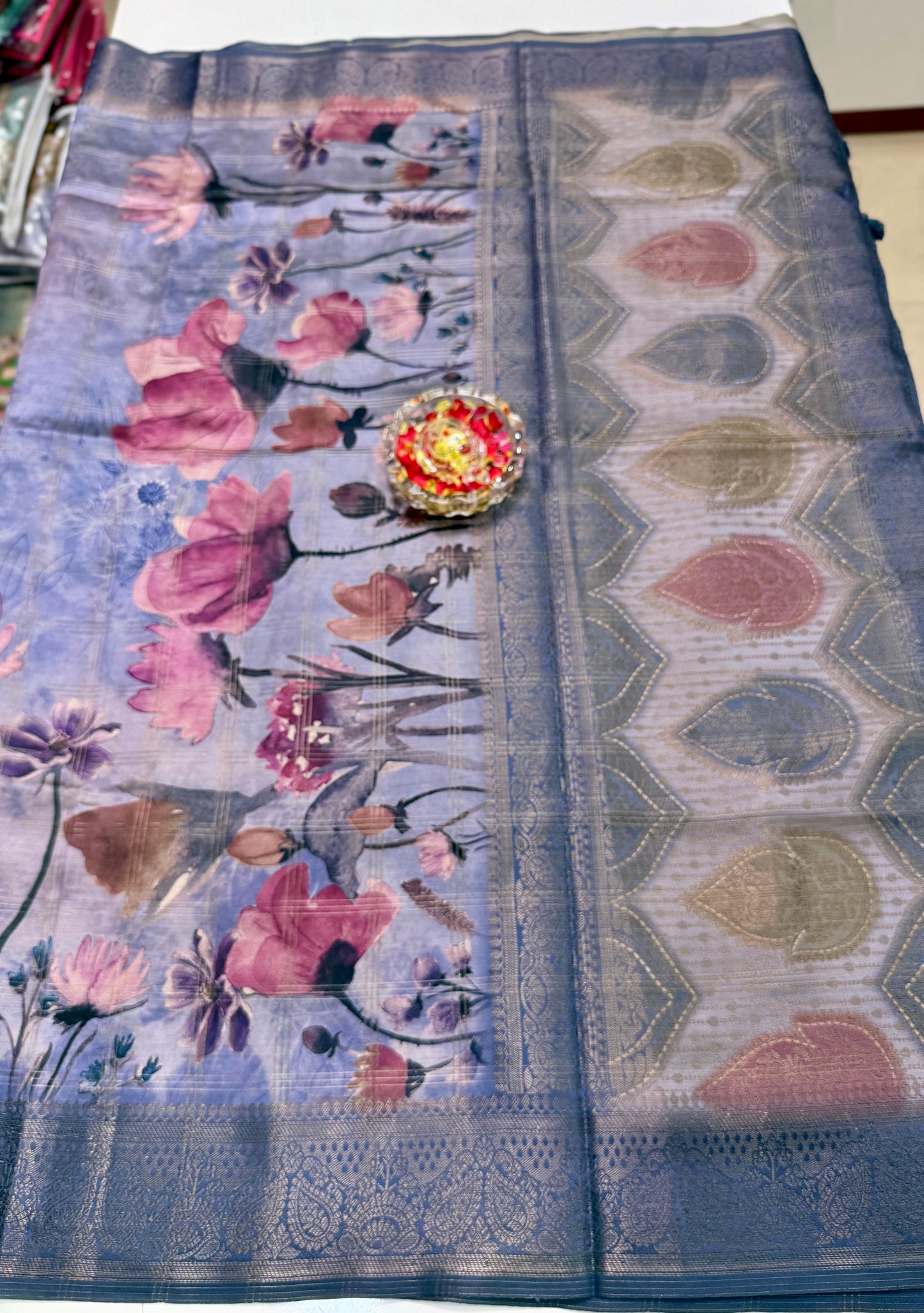 Bamboo Silk Saree with Chex Texture and Rich Pallu – Digital Floral Print Saree for Women