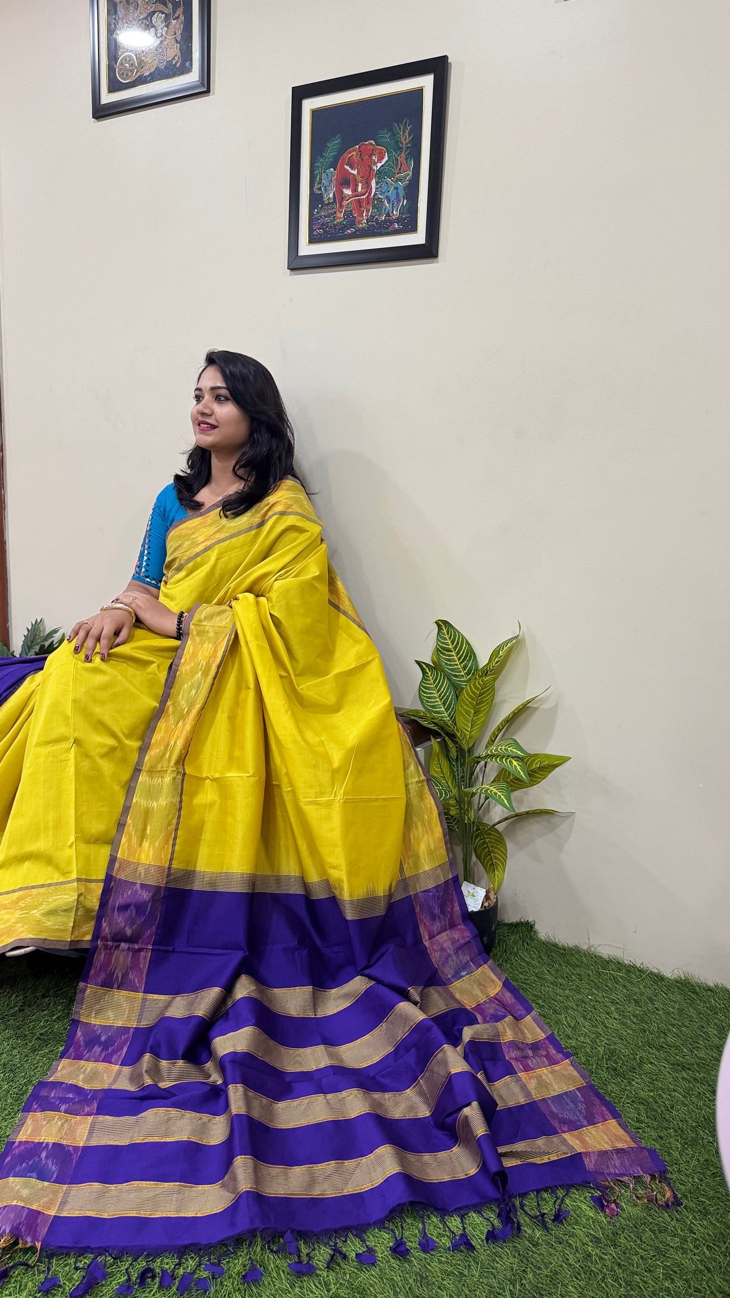 Venkatagiri Silk Cotton Saree with Zari Pochampally Border, Contrast Pallu and Blouse for Women