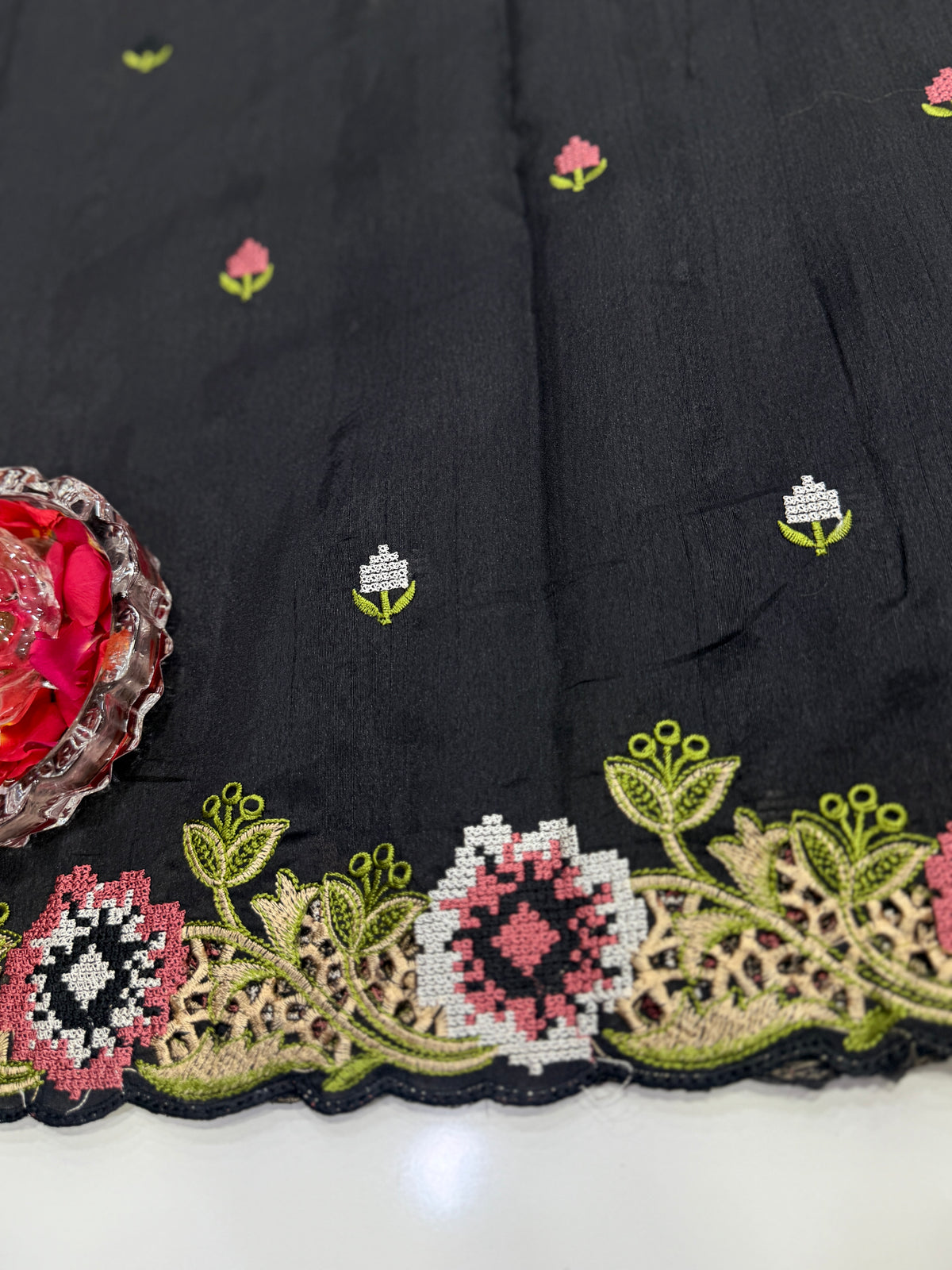 Matka Silk Saree with Embroidered Buttis, Cutwork Big Pallu, and All-Over Cutwork Panel