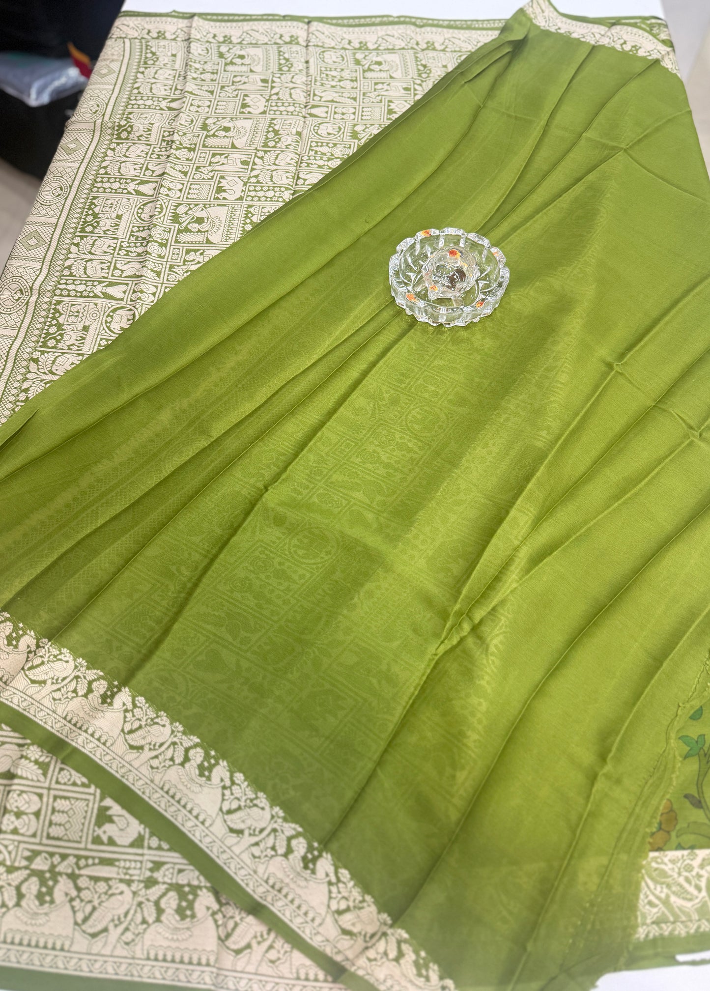 Pure Crepe Mysore Silk Saree for Women – Kalamkari Print with Kathan Border, 75 Gram, Silk Mark Certified