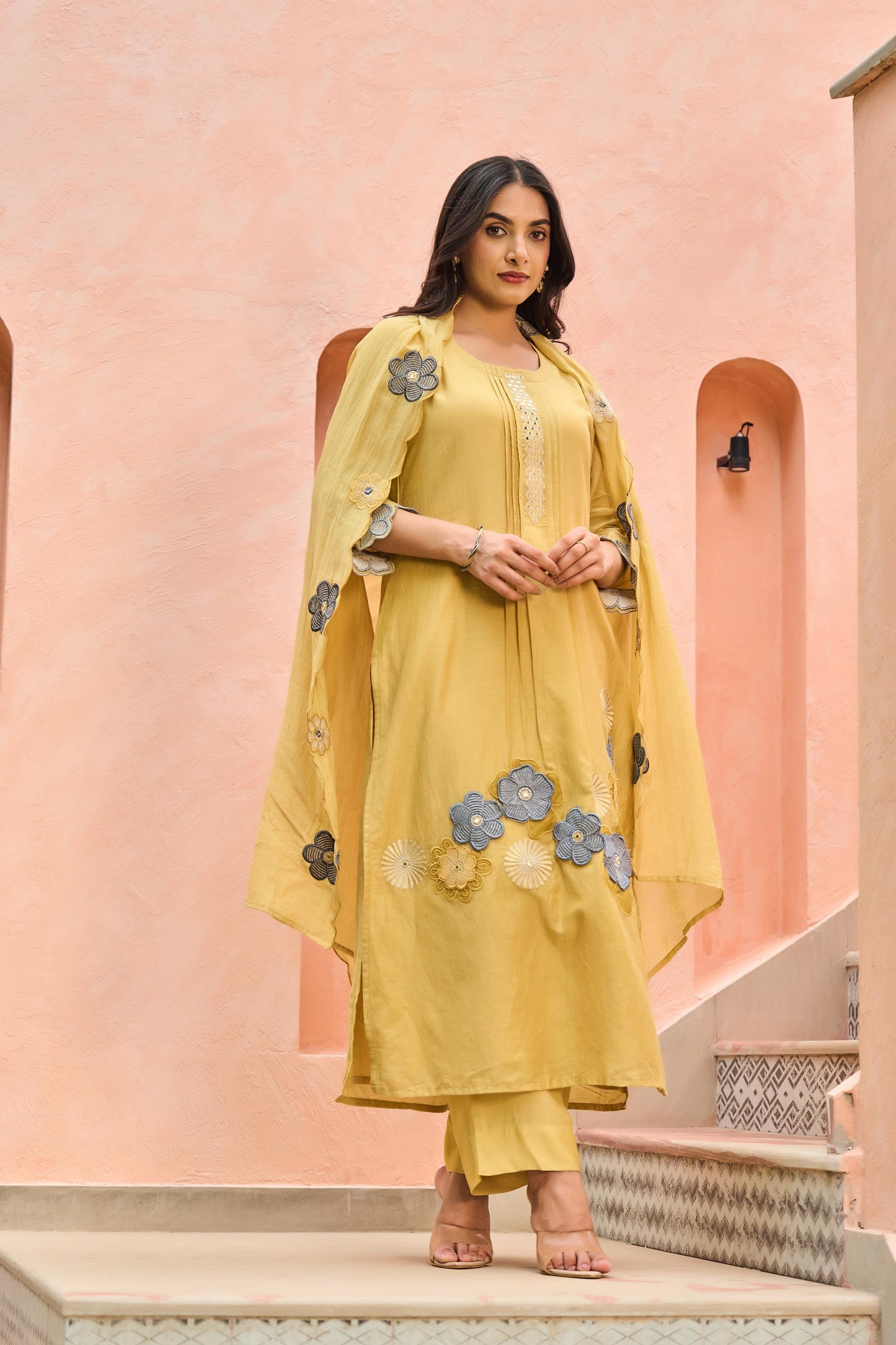 Mal Chanderi Kurta Pant Dupatta Set with Embroidery, Patchwork, and Cutwork – Women’s Suit Set