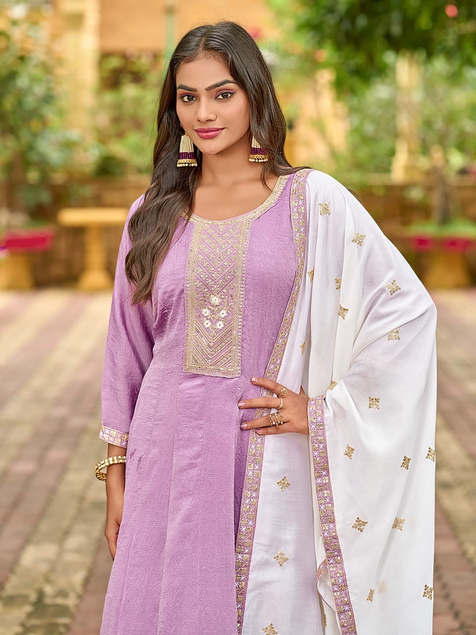 Flared 3-Piece Suit Set for Women in Fancy Fabric with Embroidered Dupatta – XL and XXL Sizes