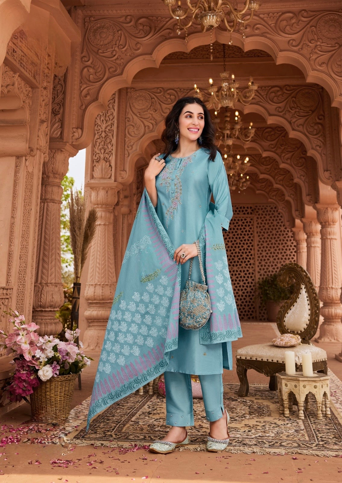 Viscose Nylon Kurti with Pant & Chanderi Block Print Dupatta – Aari Work – Sizes 2XL to 5XL