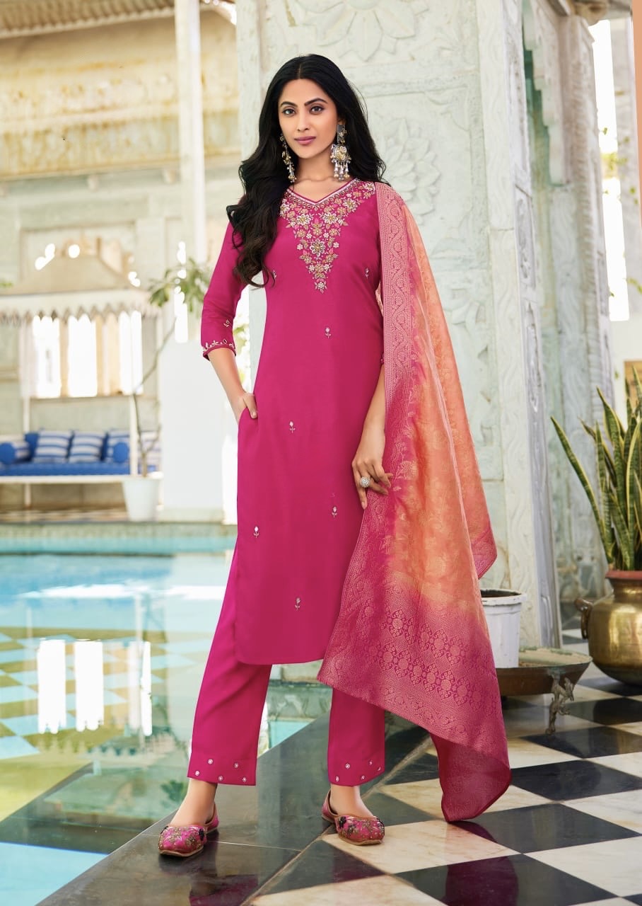 Dola Silk Kurti Set with Russian Silk Pant and Jacquard Dupatta – Handwork Ethnic Set for Women