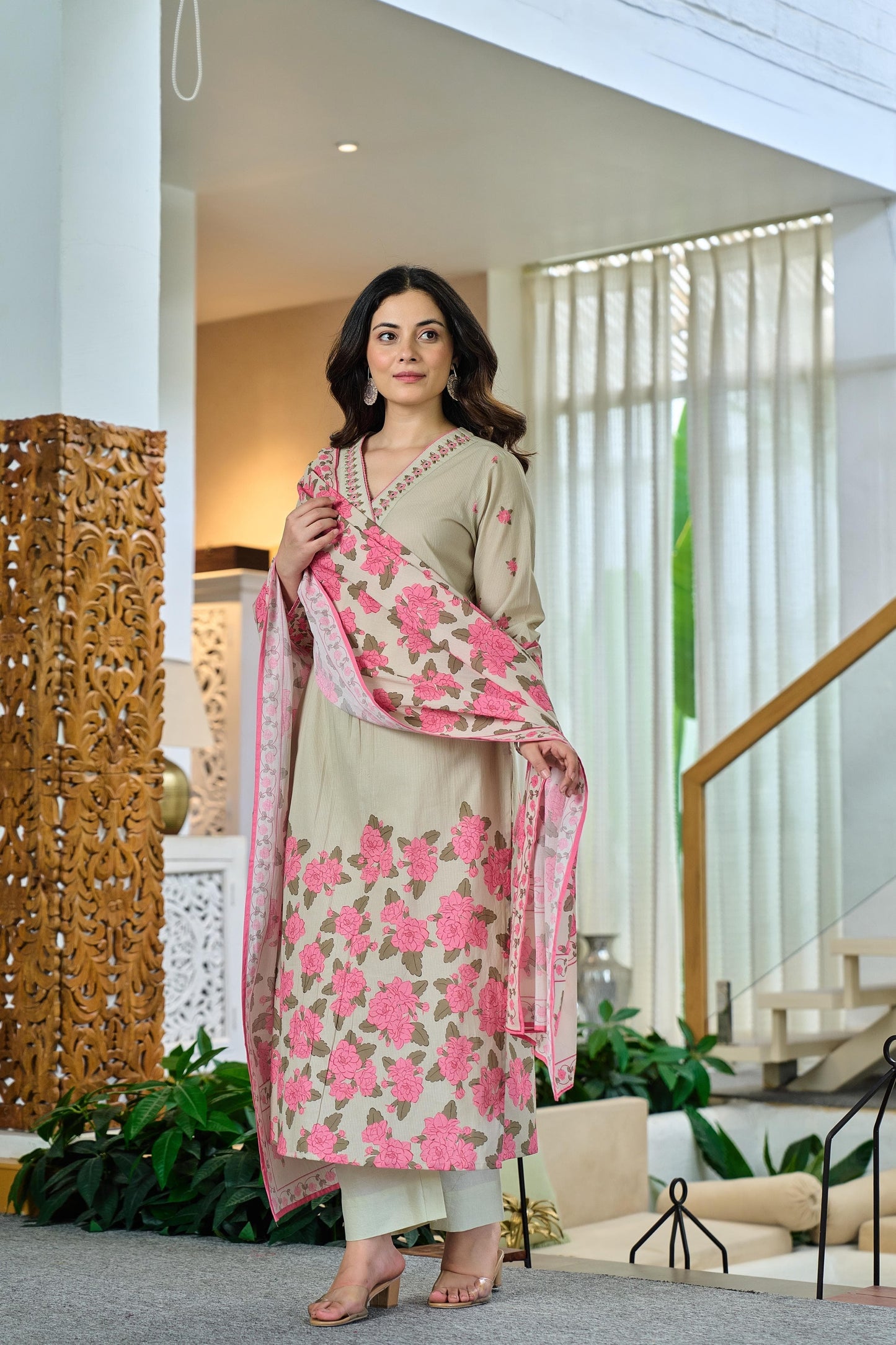 Cotton Kurta Pant Dupatta Set with Handcrafted Yoke Detailing for Women