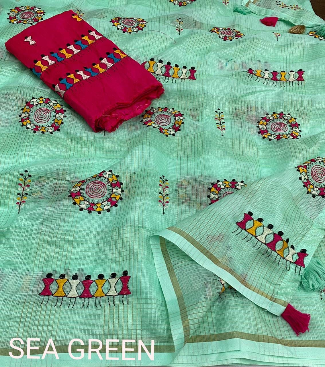 Manipuri Kota Chex Saree with Worli Embroidery and Zari Pattu Border, Mulberry Silk Blouse