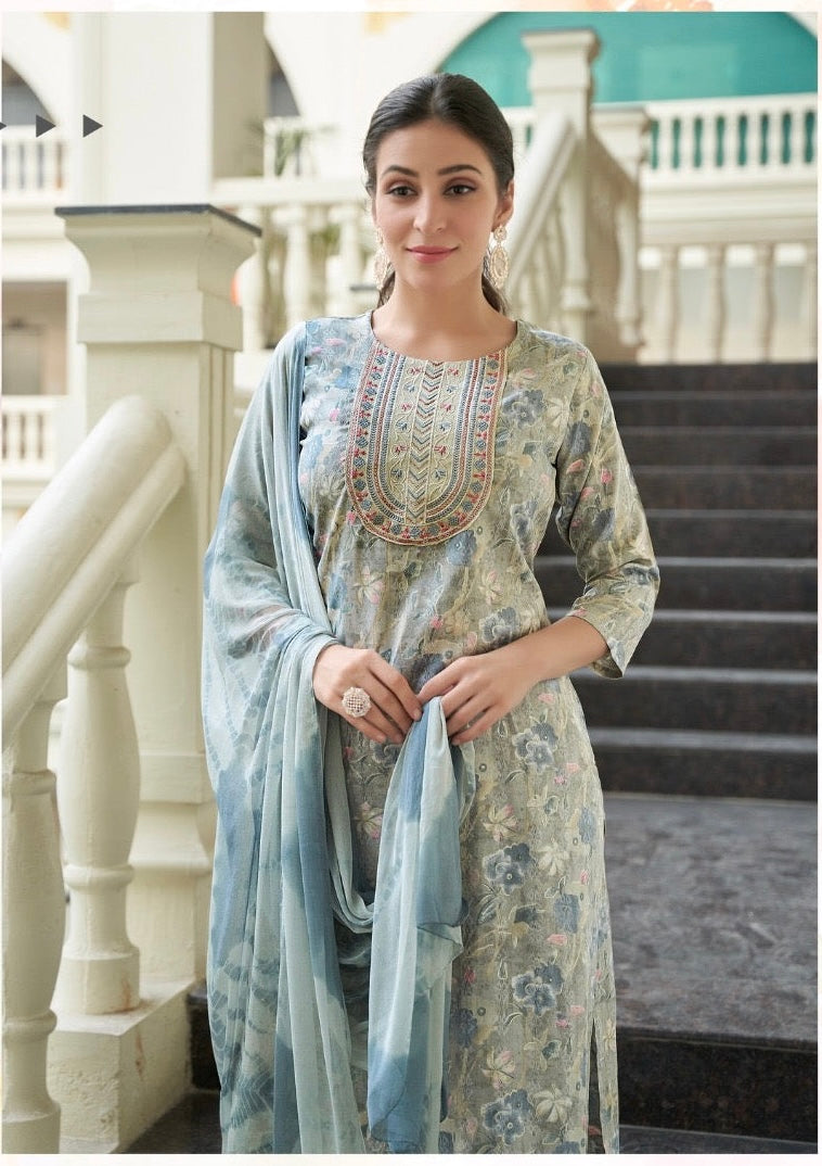 Bamboo Fabric Dobby Foil Print Straight Cut Kurta Pant Dupatta Set with Embroidery – Sizes XL to 3XL