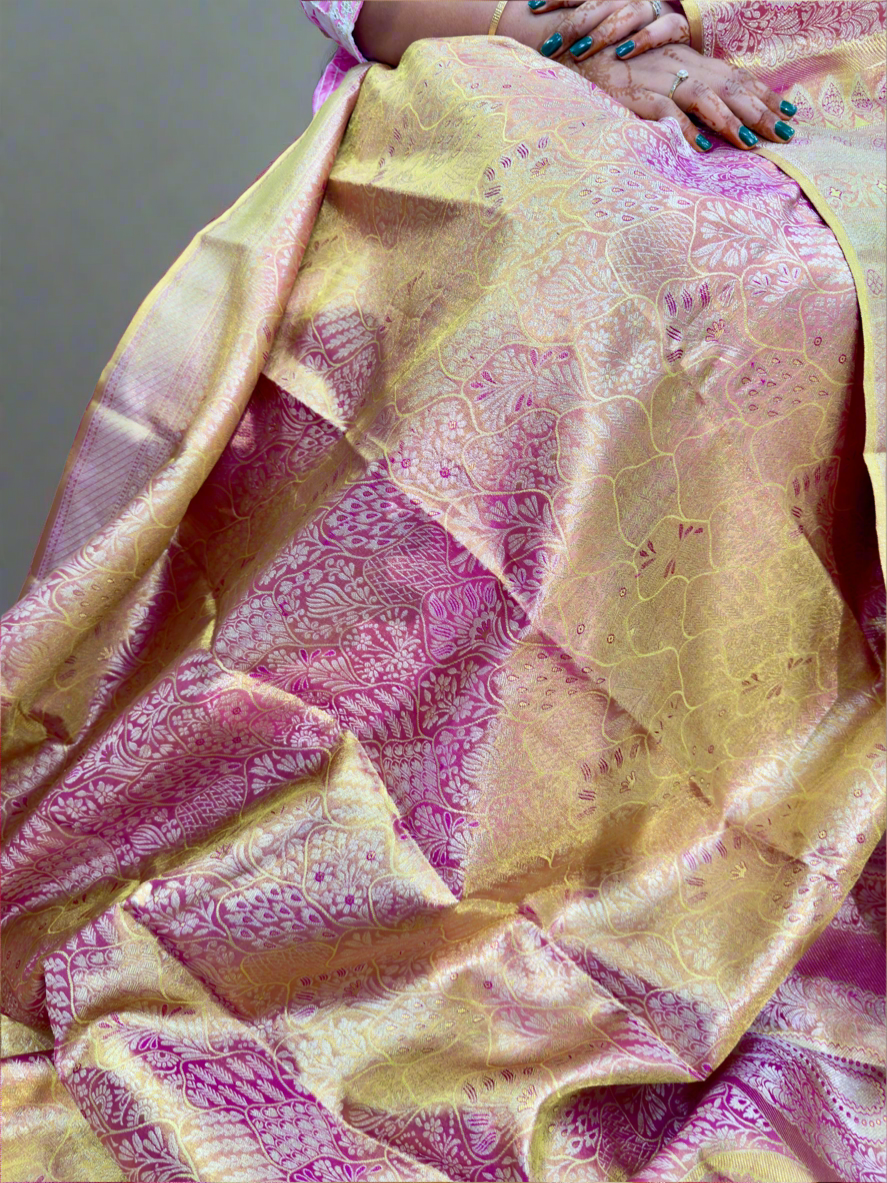 Pure Silk Borderless Saree in Golden Yellow and Magenta with Rich Zari Weaving – Wedding Saree