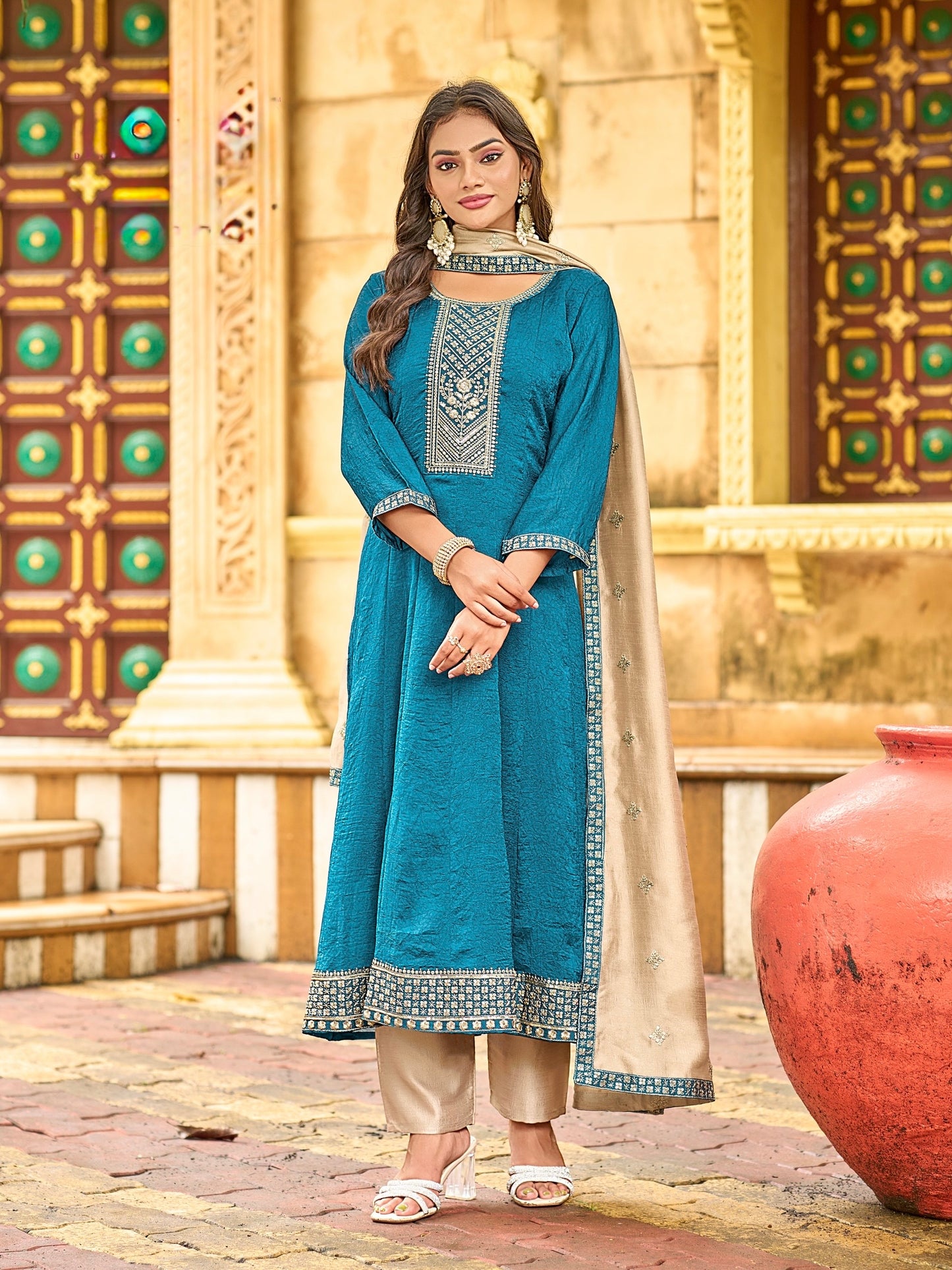 Flared 3-Piece Suit Set for Women in Fancy Fabric with Embroidered Dupatta – XL and XXL Sizes